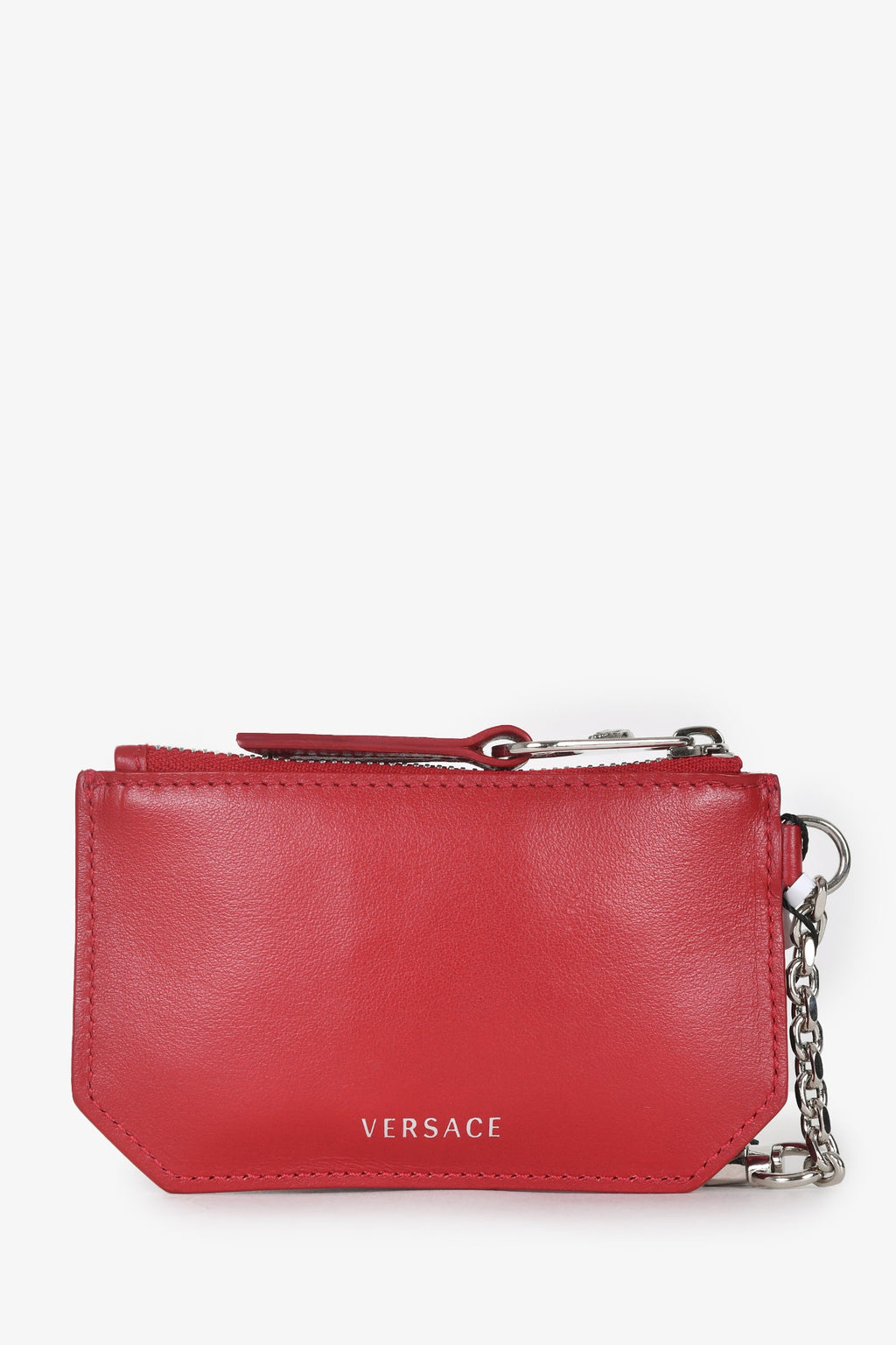 Versace Red Leather Swarovski Crystals Front Side Zip  Holder