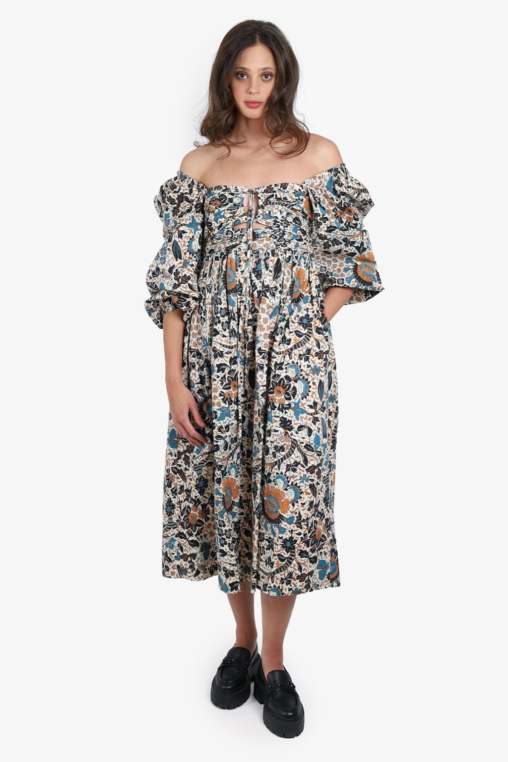 Ulla Johnson Blue/Brown Printed Cotton Square Neck 'Alessa' Dress Size 4