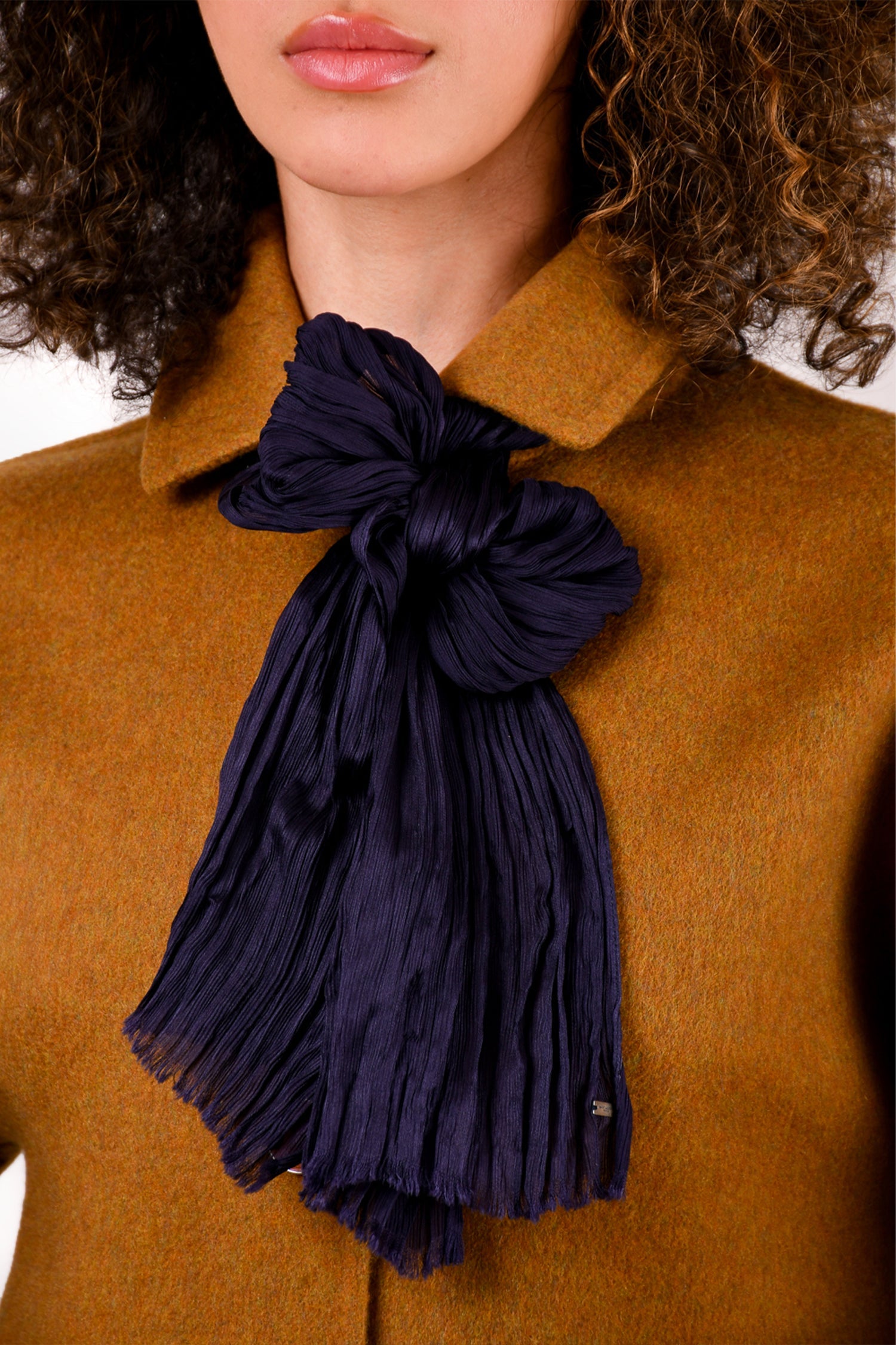 Saint Laurent Navy Blue Silk Pleated Scarf