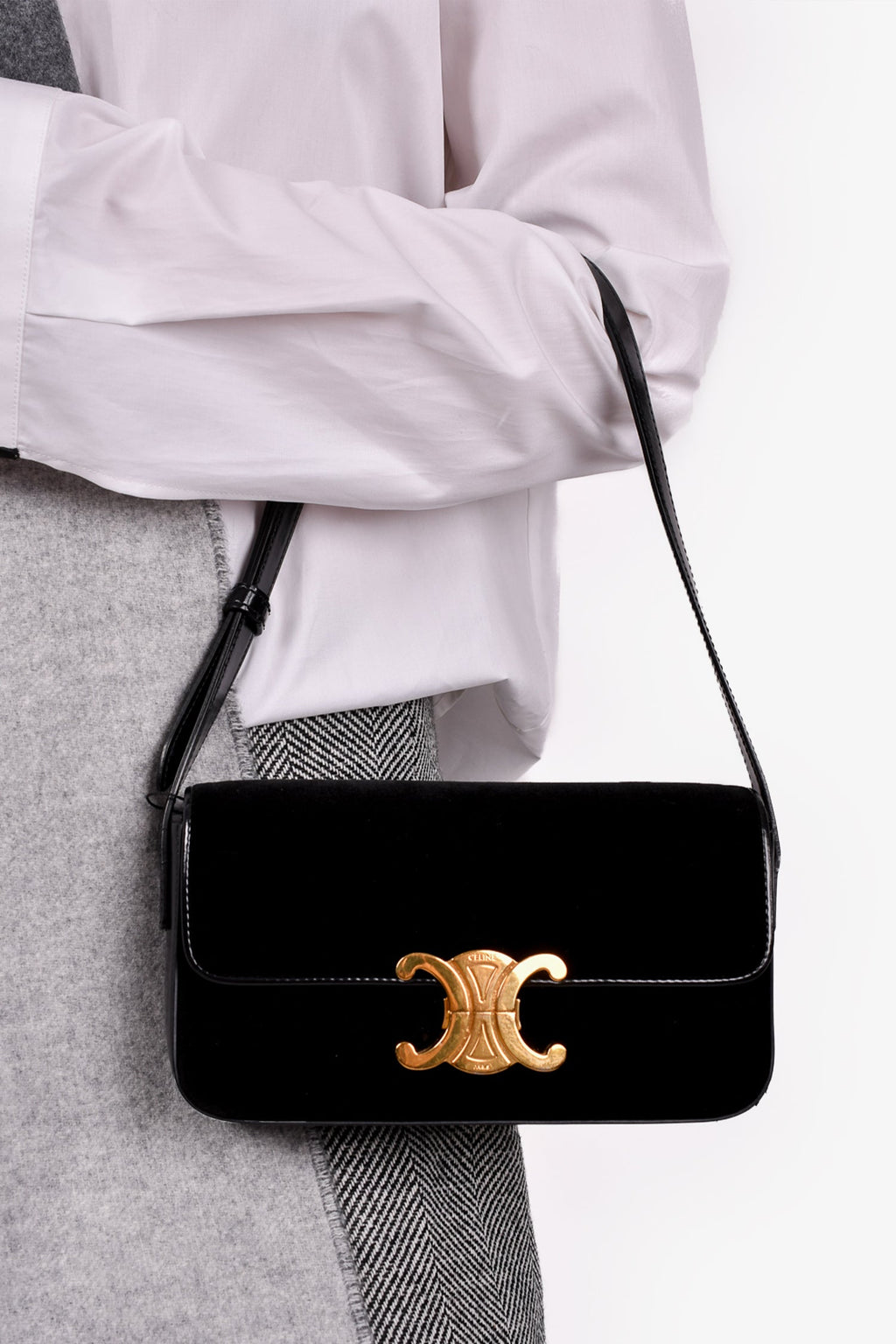 Celine Black Velvet/Leather 'Claude' Shoulder Bag