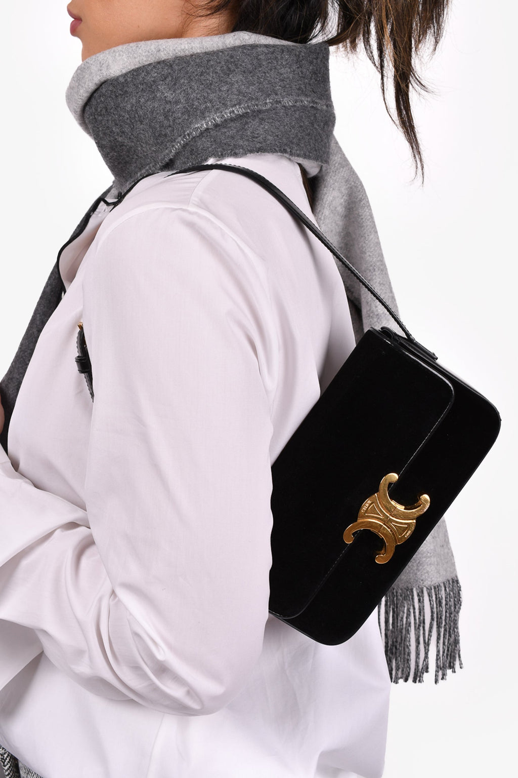Celine Black Velvet/Leather 'Claude' Shoulder Bag