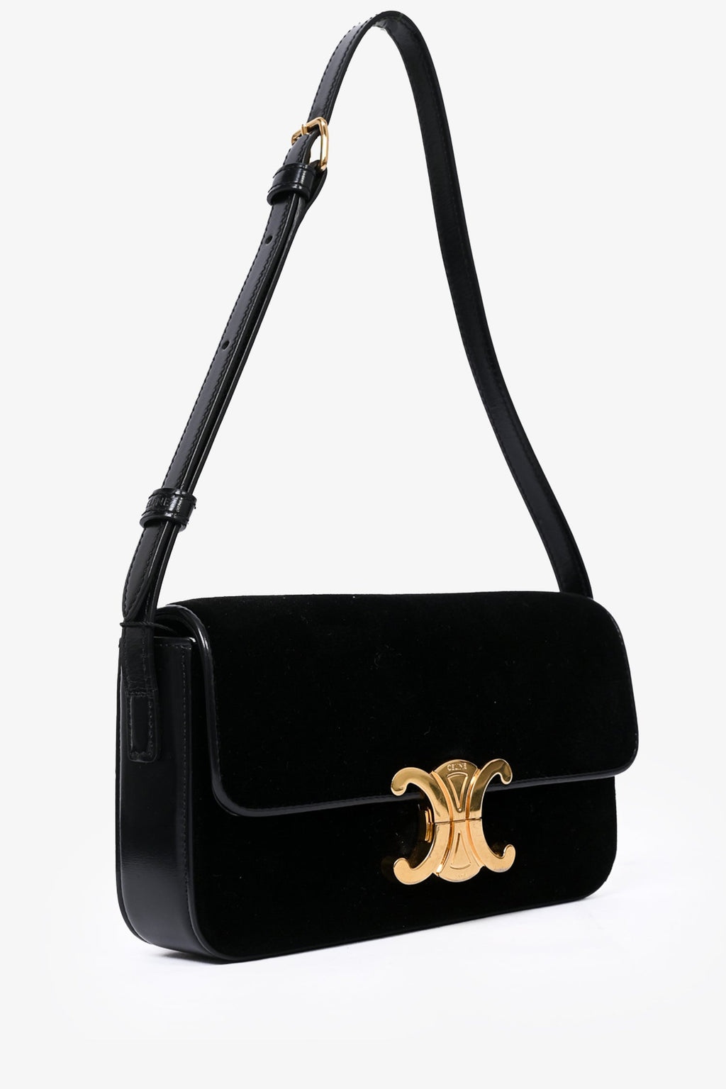 Celine Black Velvet/Leather 'Claude' Shoulder Bag