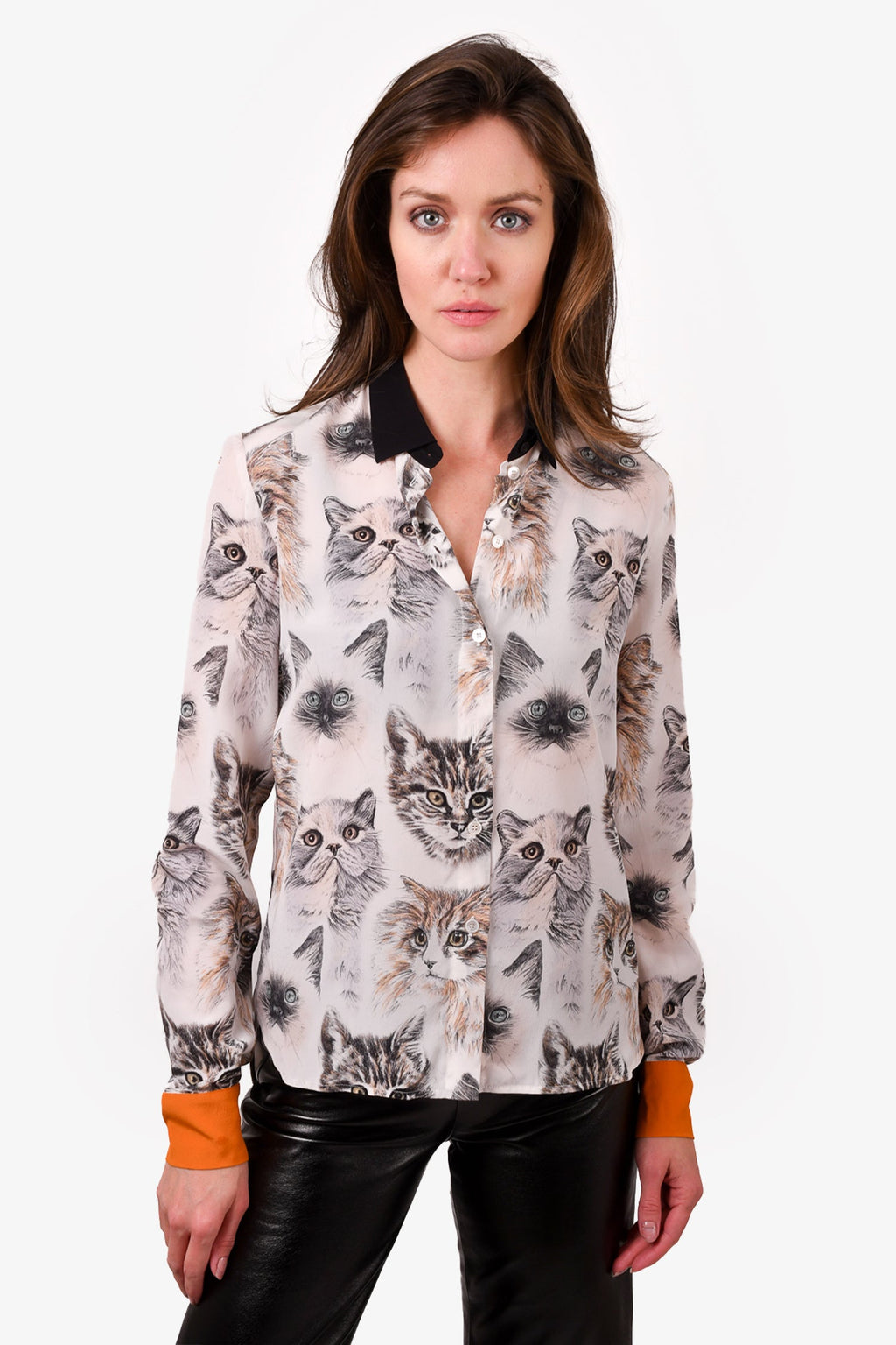 Stella McCartney White/Grey Cat Printed Silk Button-Up Blouse Size 38
