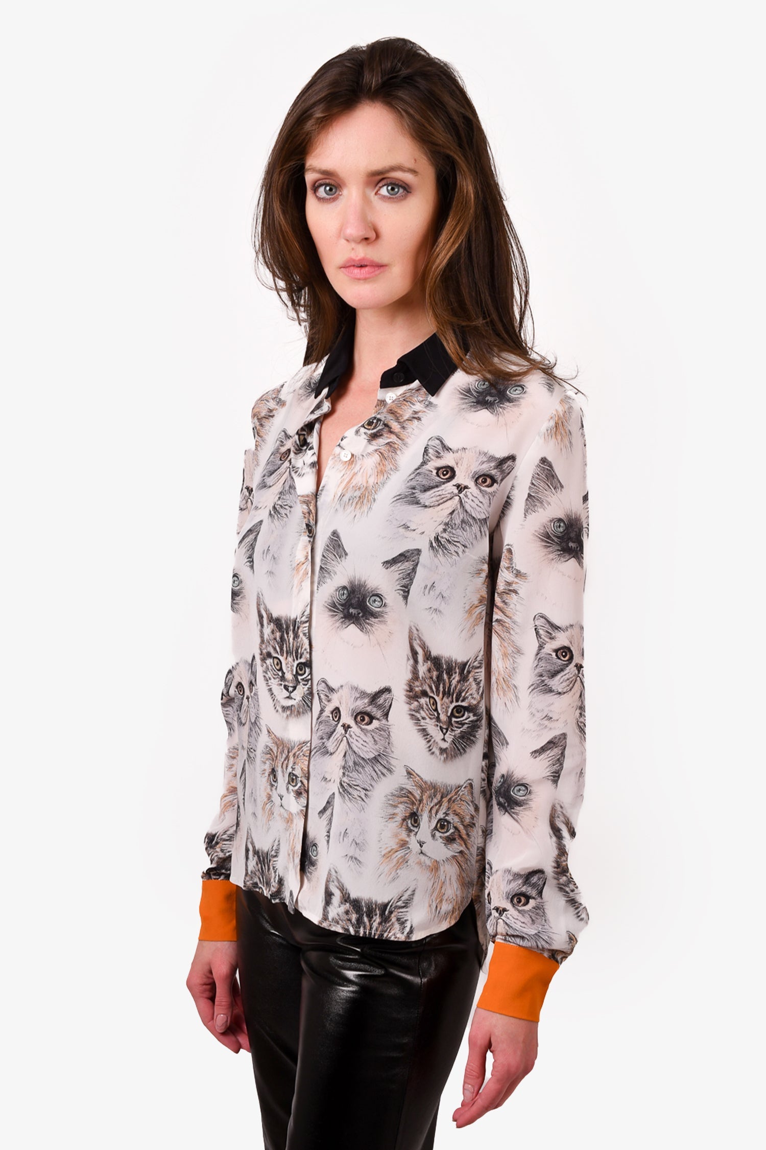 Stella McCartney White/Grey Cat Printed Silk Button-Up Blouse Size 38