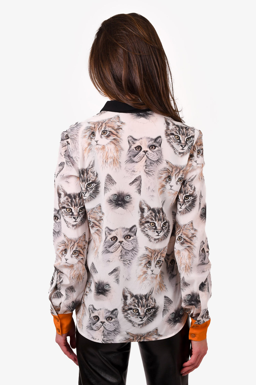 Stella McCartney White/Grey Cat Printed Silk Button-Up Blouse Size 38