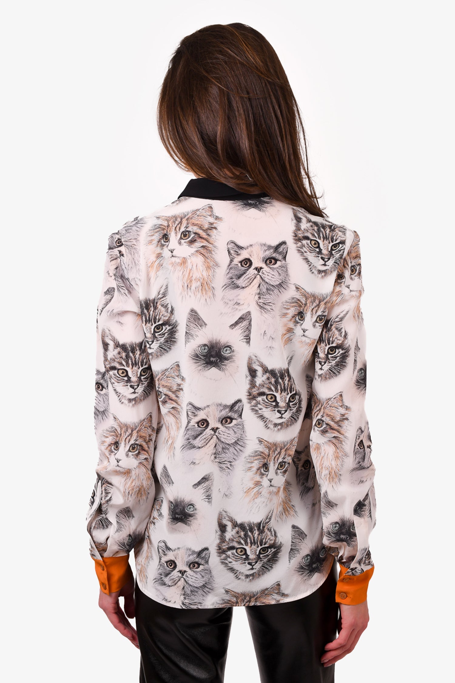 Stella McCartney White/Grey Cat Printed Silk Button-Up Blouse Size 38