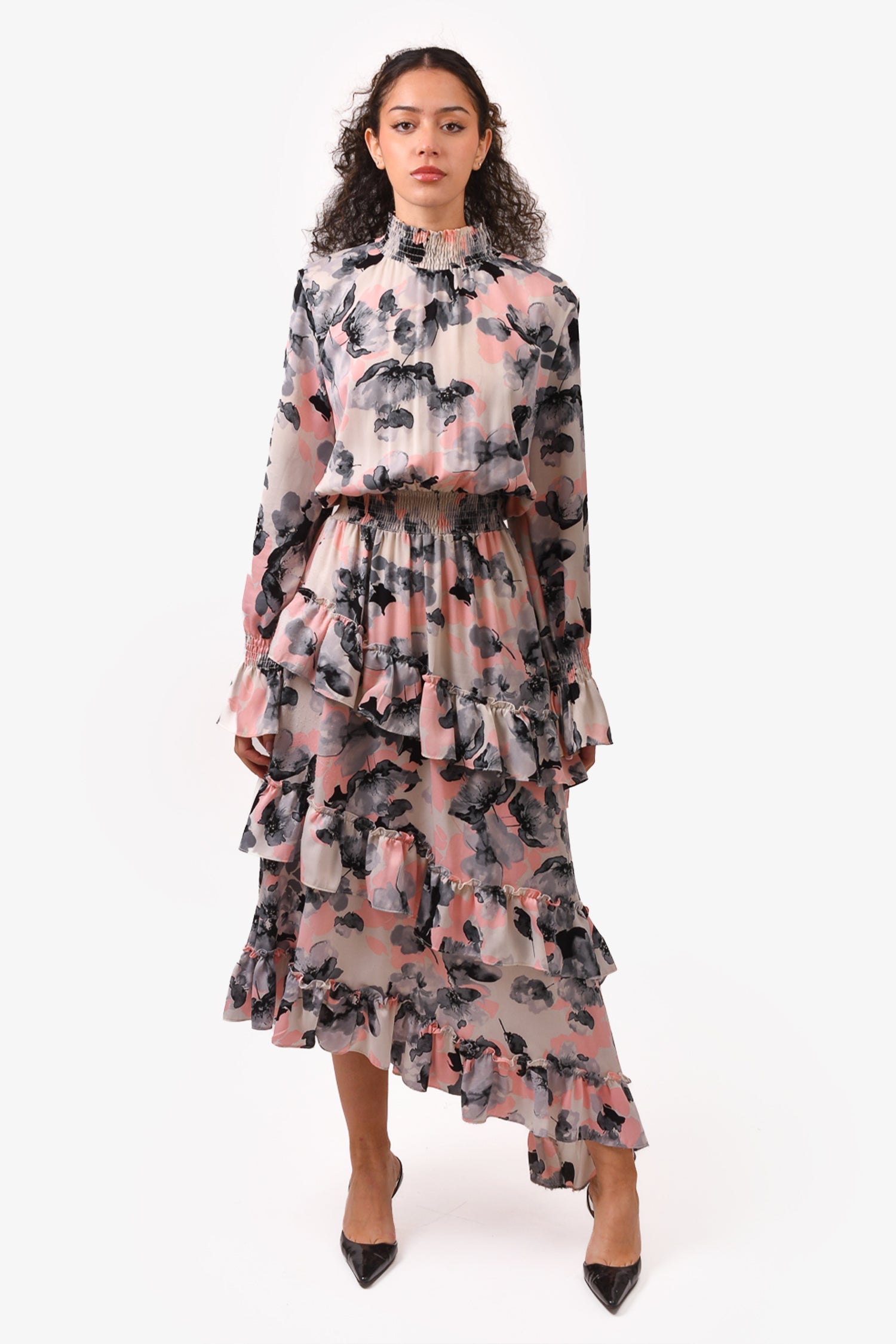 MISA Los Angeles Pink/Grey Floral Print Maxi Dress with  Ruffle Detail Size L