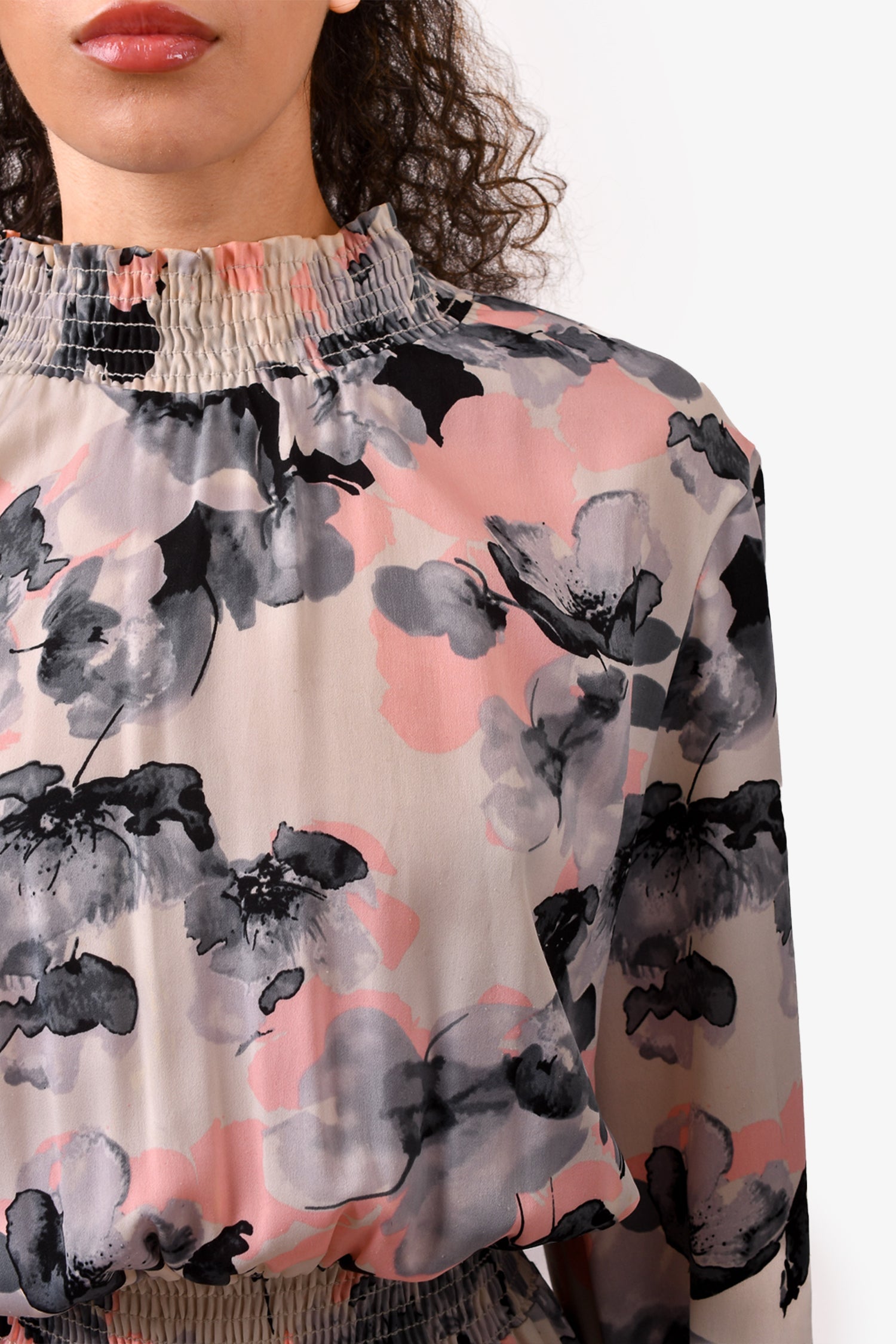 MISA Los Angeles Pink/Grey Floral Print Maxi Dress with  Ruffle Detail Size L