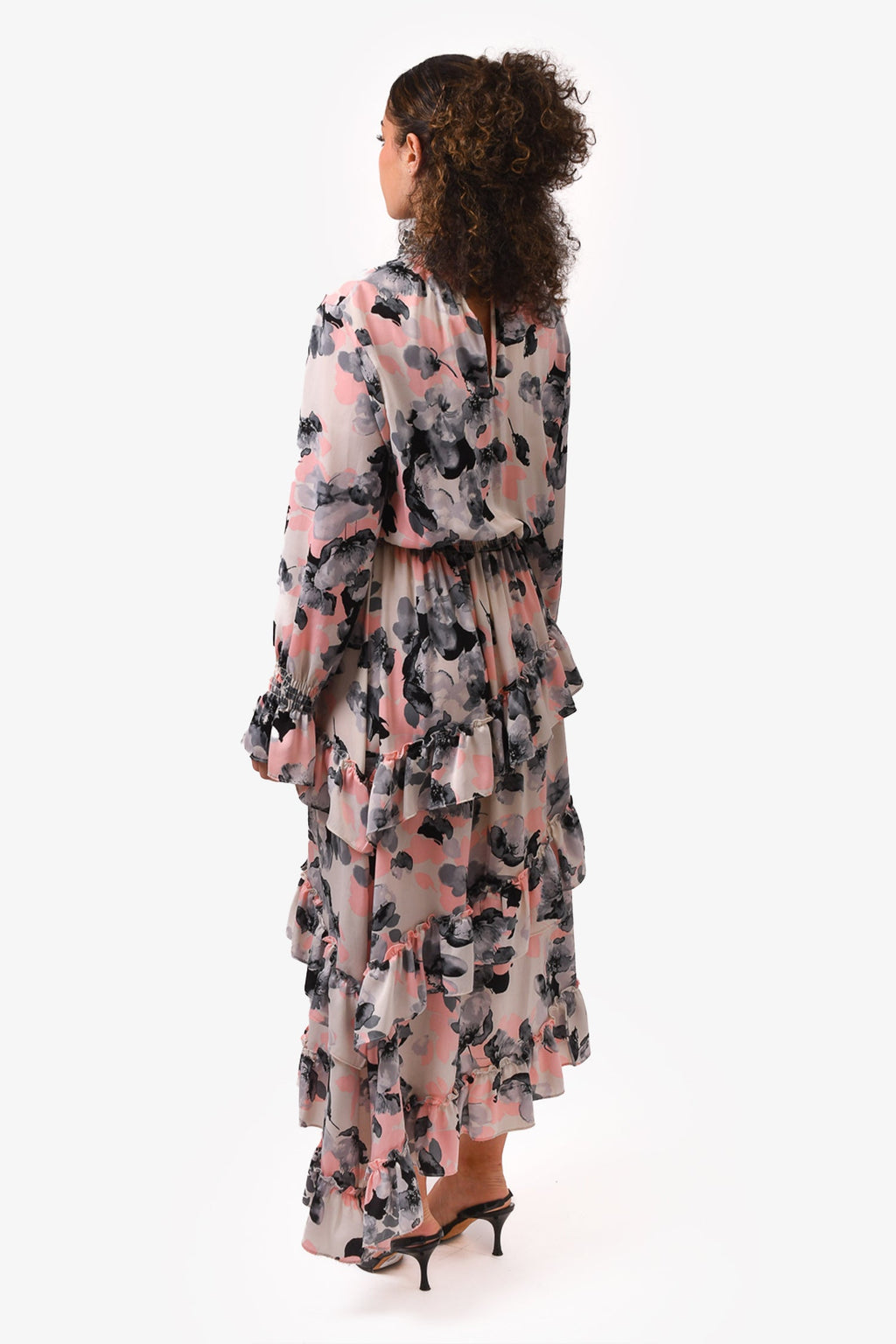 MISA Los Angeles Pink/Grey Floral Print Maxi Dress with  Ruffle Detail Size L