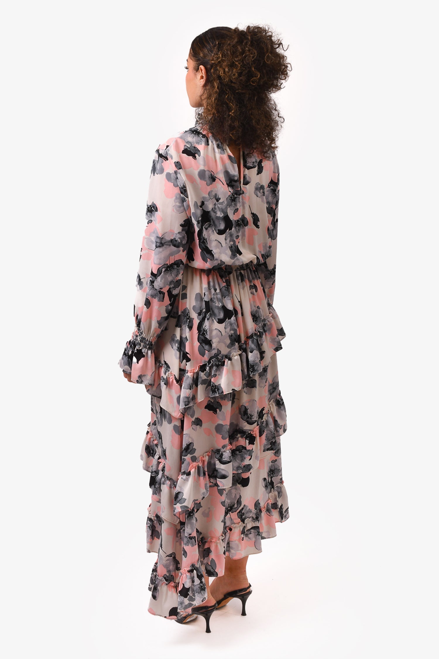 MISA Los Angeles Pink/Grey Floral Print Maxi Dress with  Ruffle Detail Size L