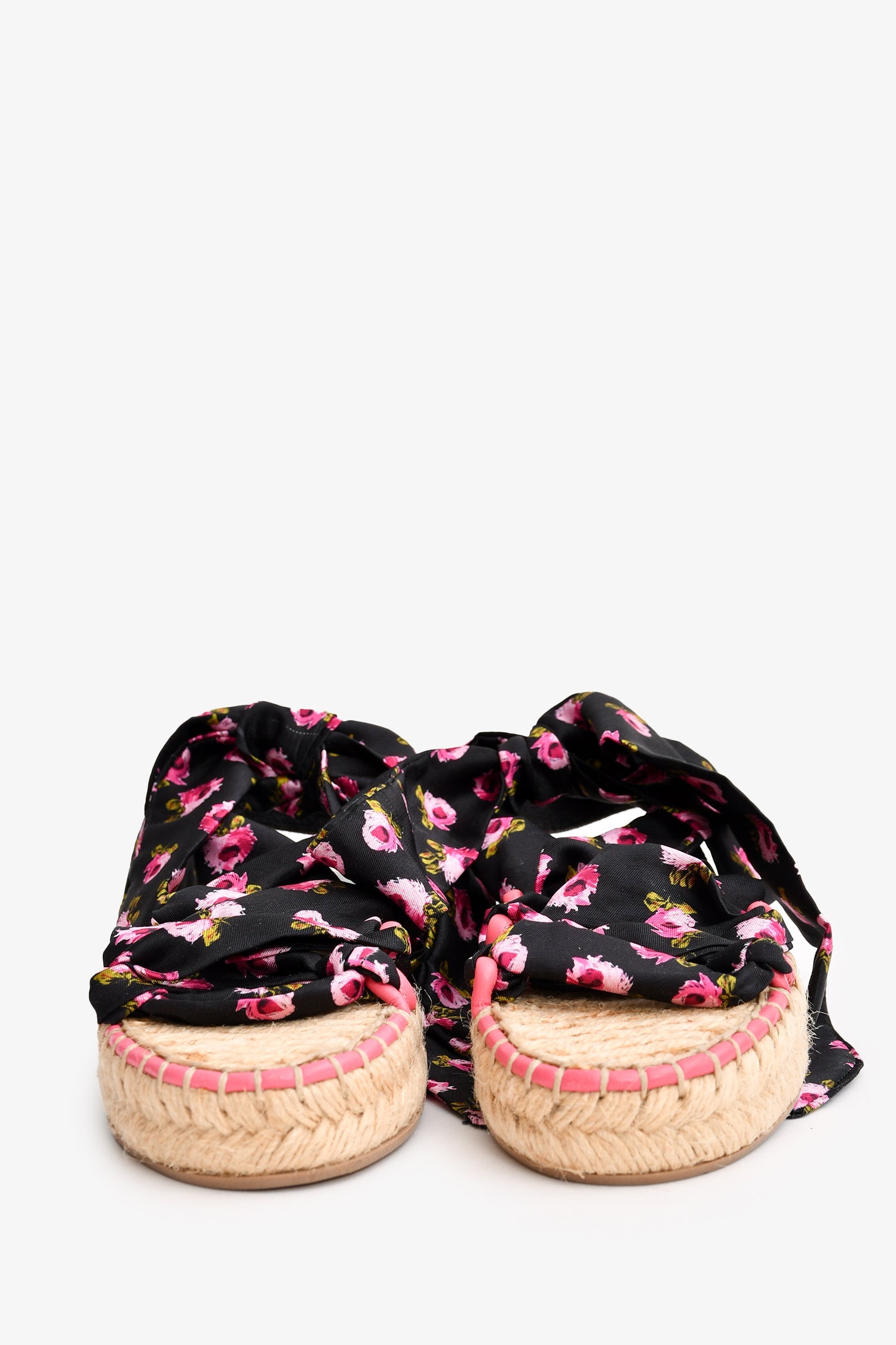 Prada Black/Pink Floral Satin Tie-Up Espadrille Sandals Size 35
