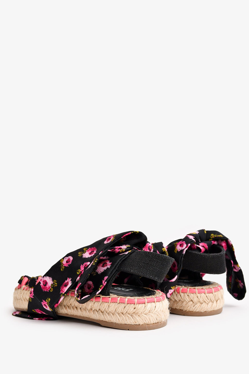 Prada Black/Pink Floral Satin Tie-Up Espadrille Sandals Size 35