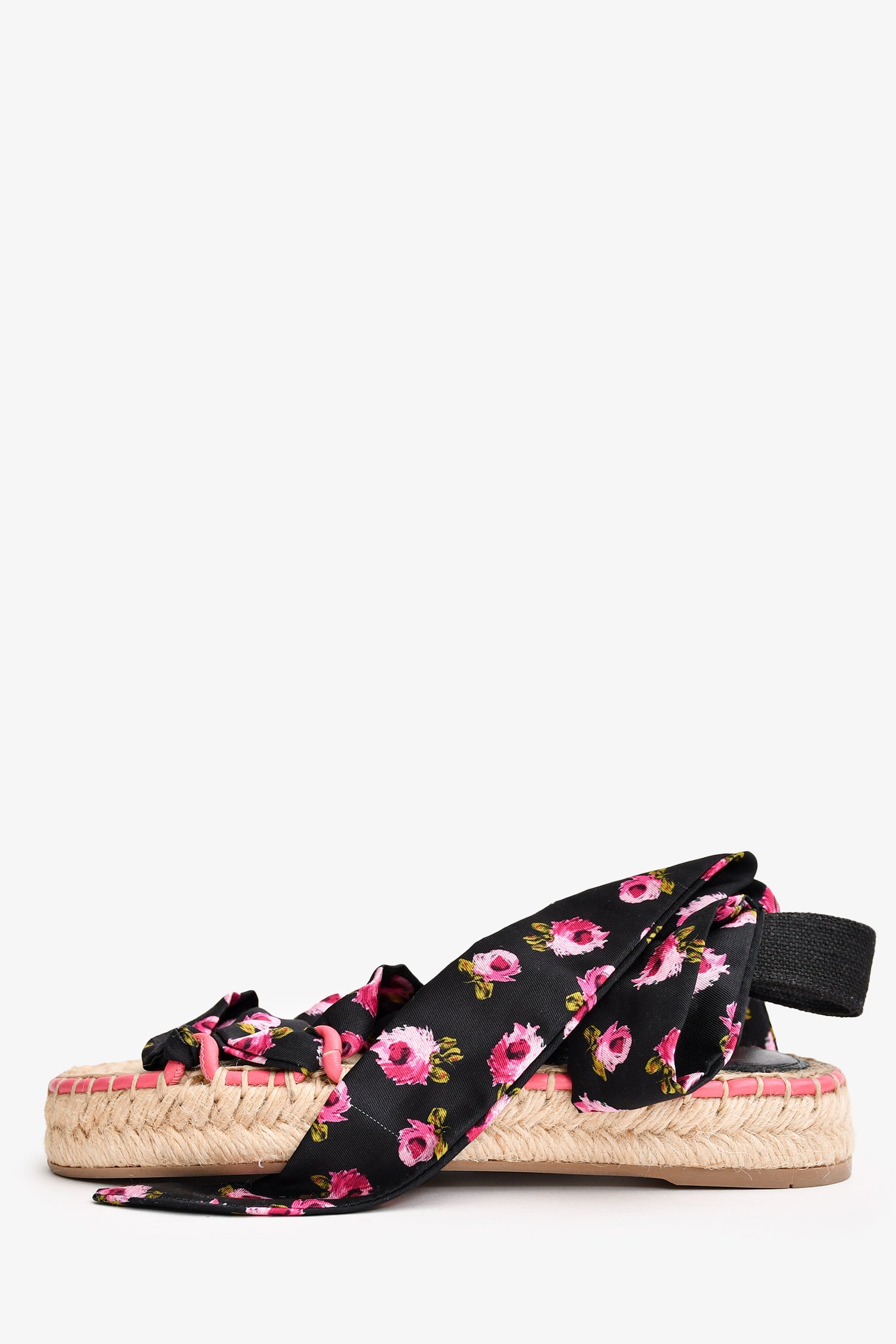 Prada Black/Pink Floral Satin Tie-Up Espadrille Sandals Size 35
