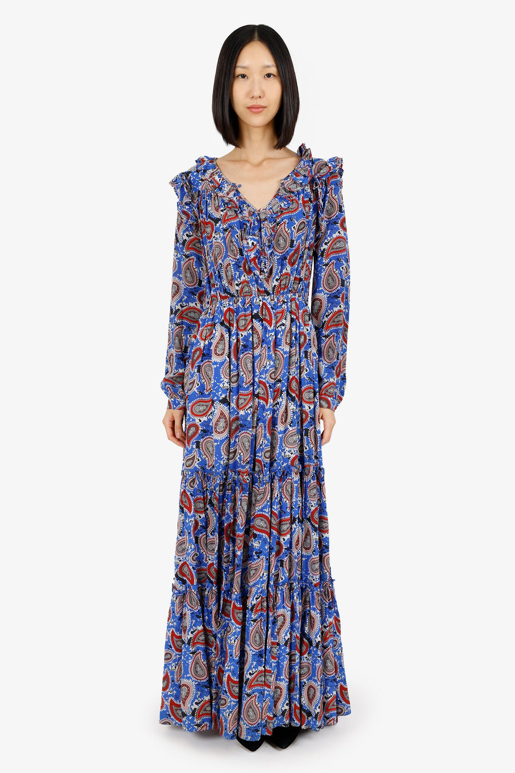 Dodo Bar Or Red/Blue Floral Long Sleeve Tiered Dress With Rope Tassels Size S