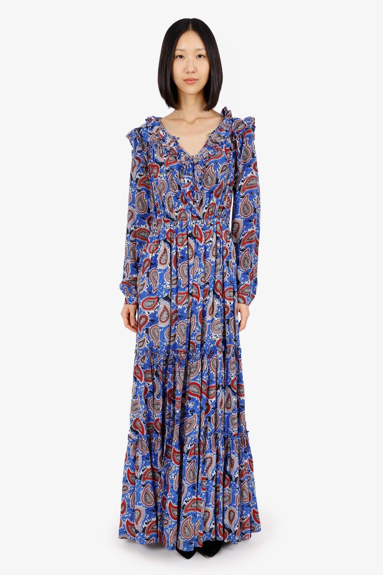 Dodo Bar Or Red/Blue Floral Long Sleeve Tiered Dress With Rope Tassels Size S