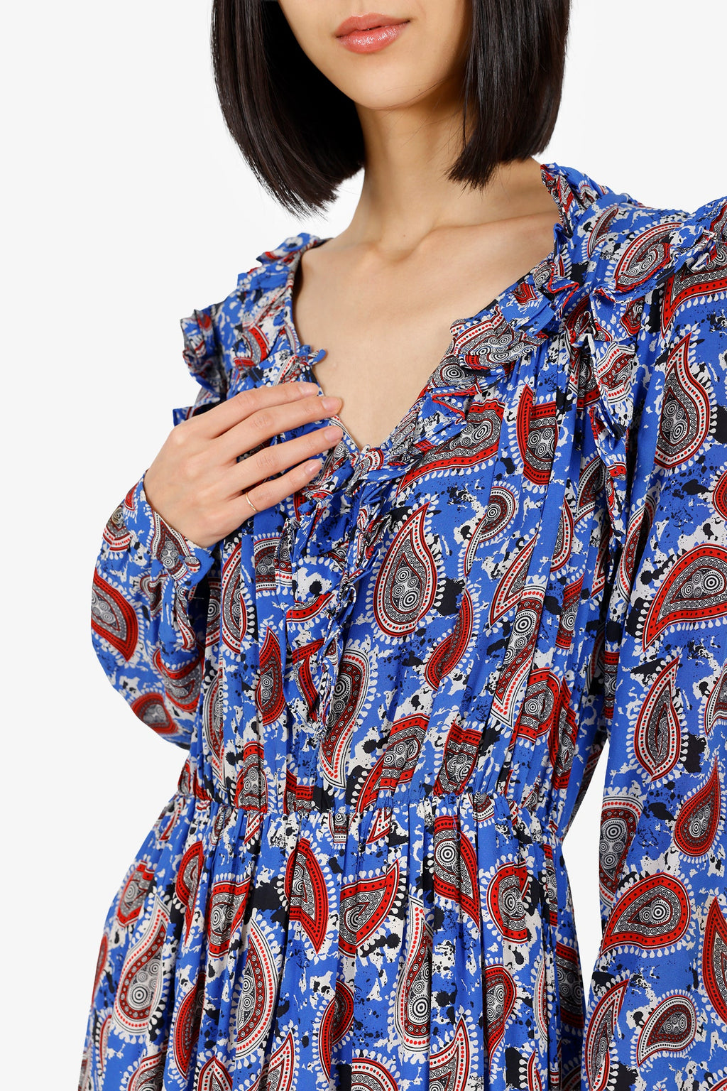 Dodo Bar Or Red/Blue Floral Long Sleeve Tiered Dress With Rope Tassels Size S