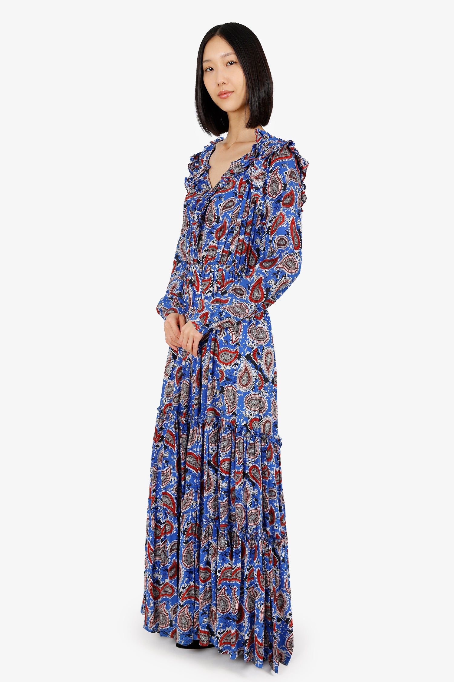 Dodo Bar Or Red/Blue Floral Long Sleeve Tiered Dress With Rope Tassels Size S