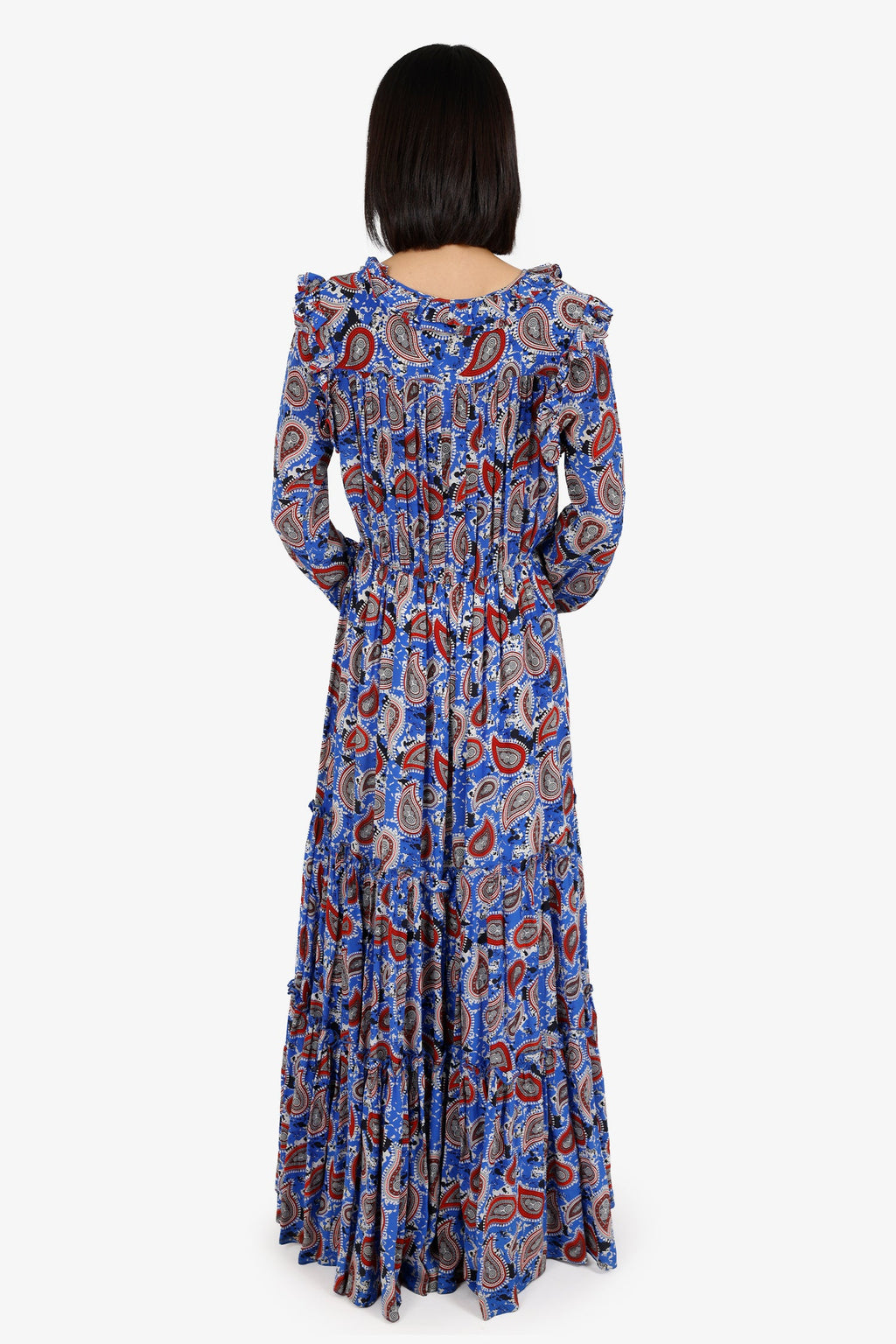 Dodo Bar Or Red/Blue Floral Long Sleeve Tiered Dress With Rope Tassels Size S