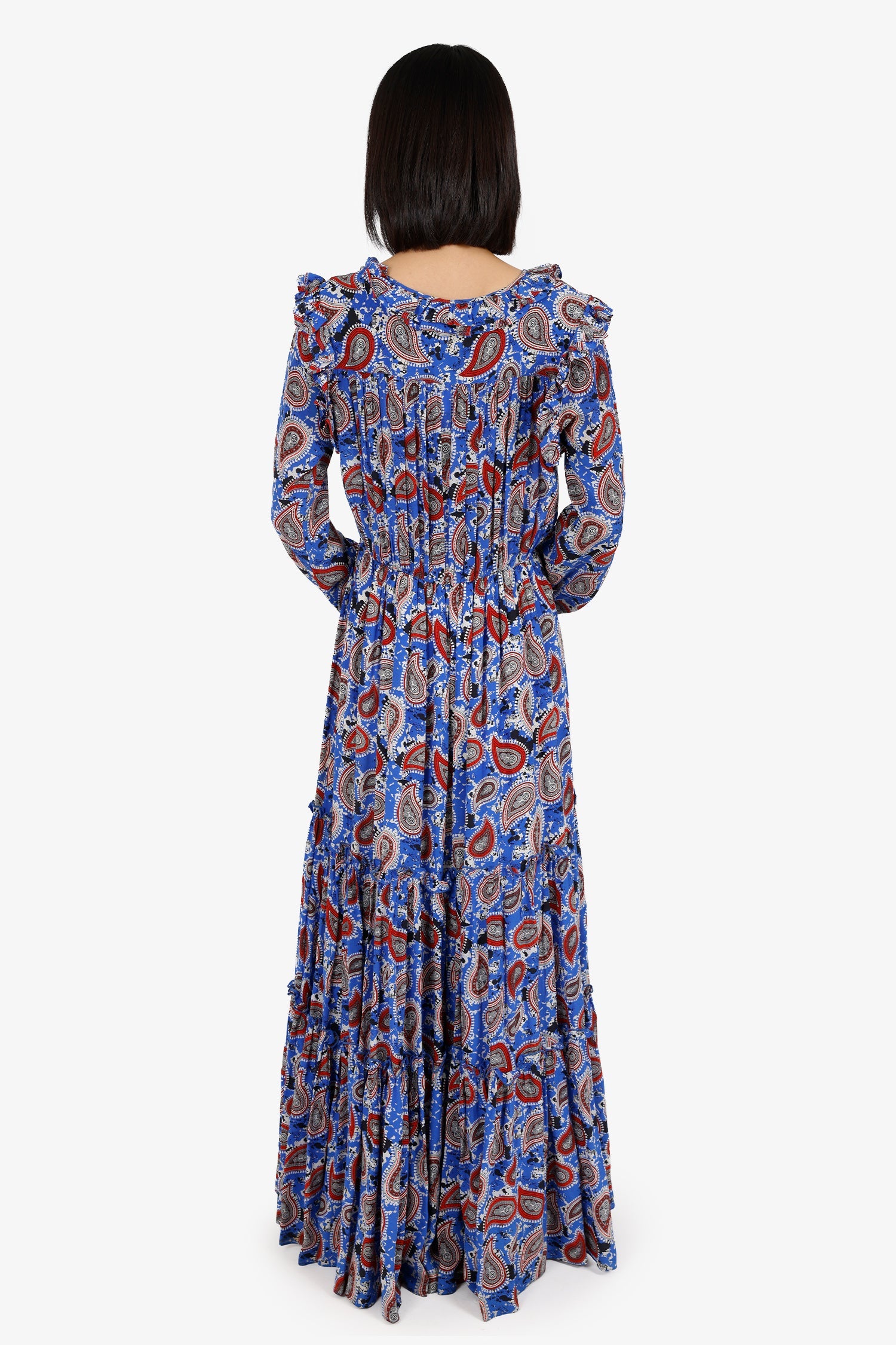 Dodo Bar Or Red/Blue Floral Long Sleeve Tiered Dress With Rope Tassels Size S