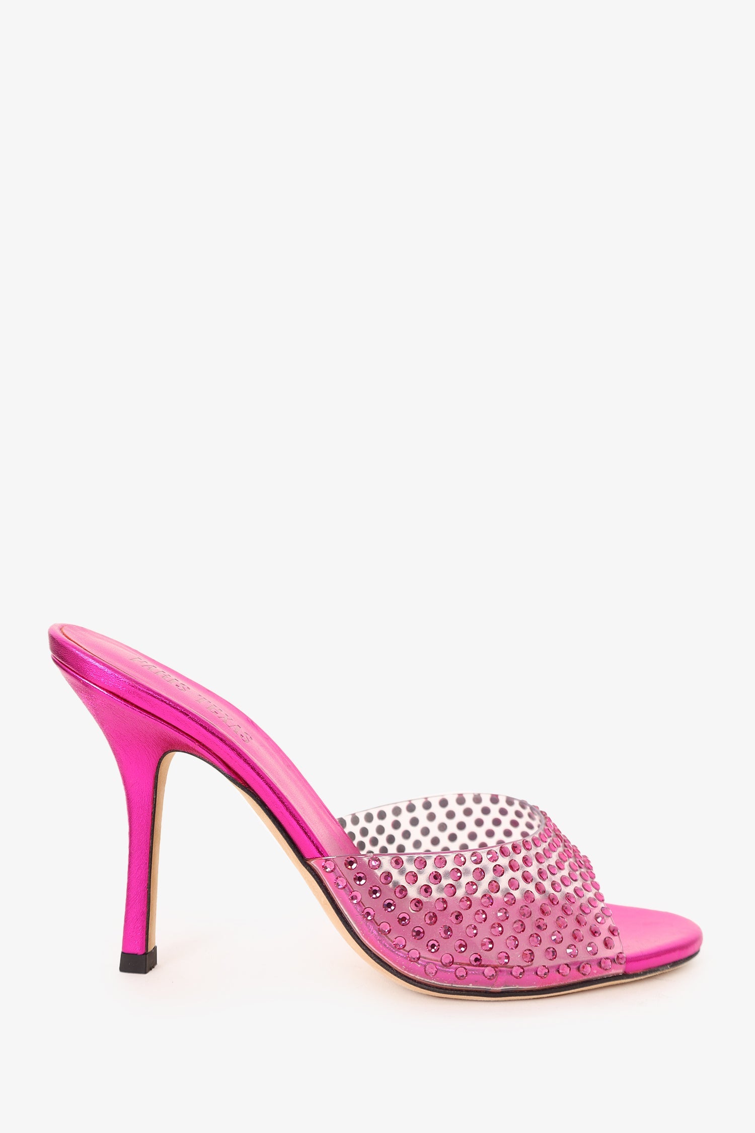 Paris Texas Hot Metallic Pink Leather Crystal PVC 'Holly' Heeled Sandals Size 37