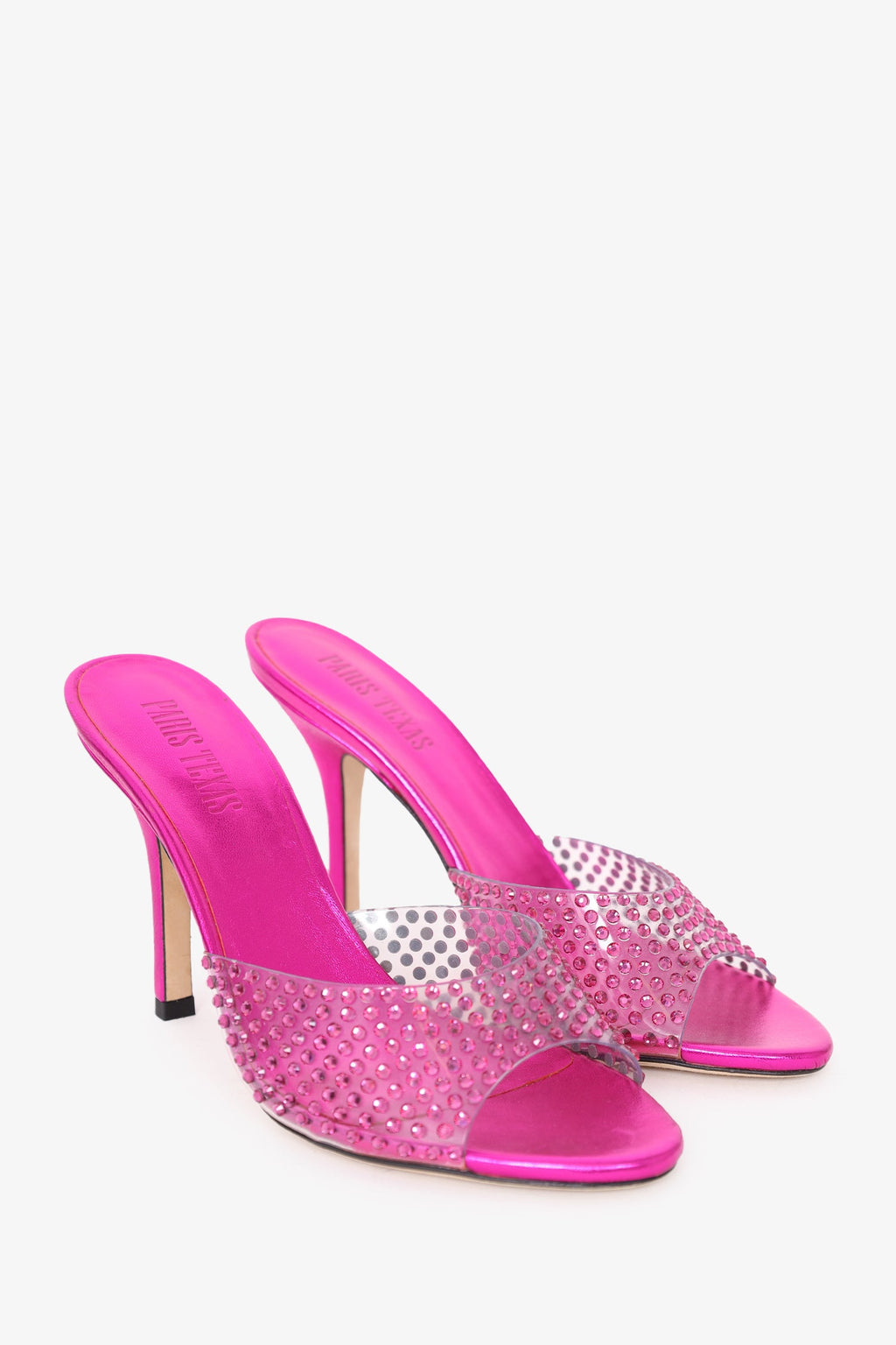 Paris Texas Hot Metallic Pink Leather Crystal PVC 'Holly' Heeled Sandals Size 37