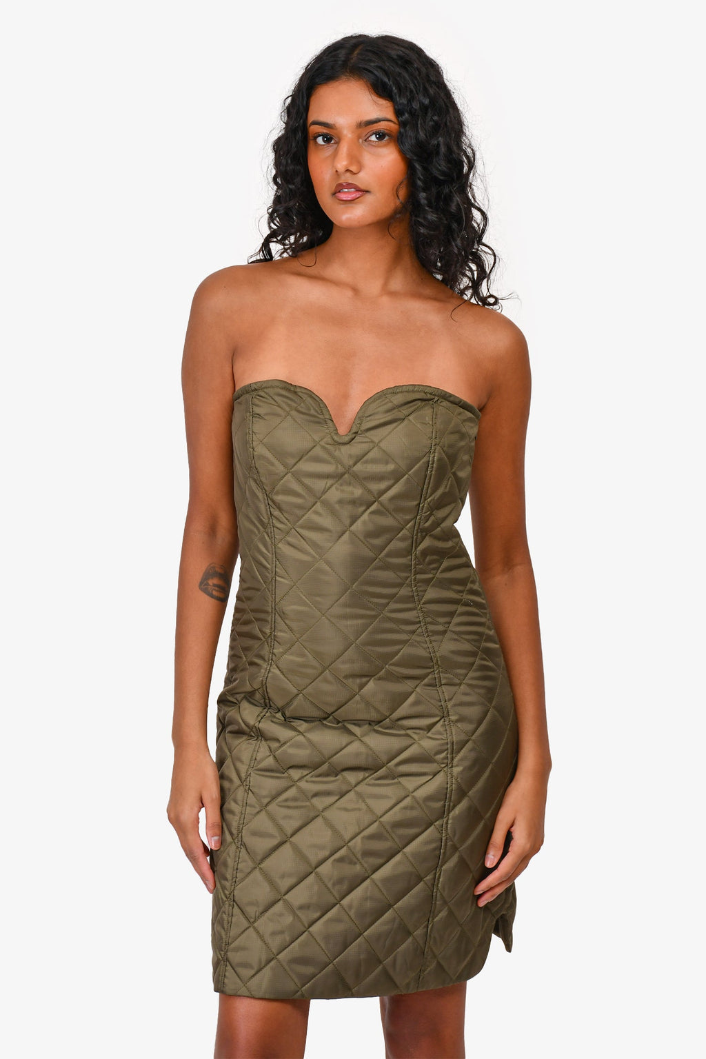 Ganni Green Quilted Nylon Sleeveless Mini Dress Size 38