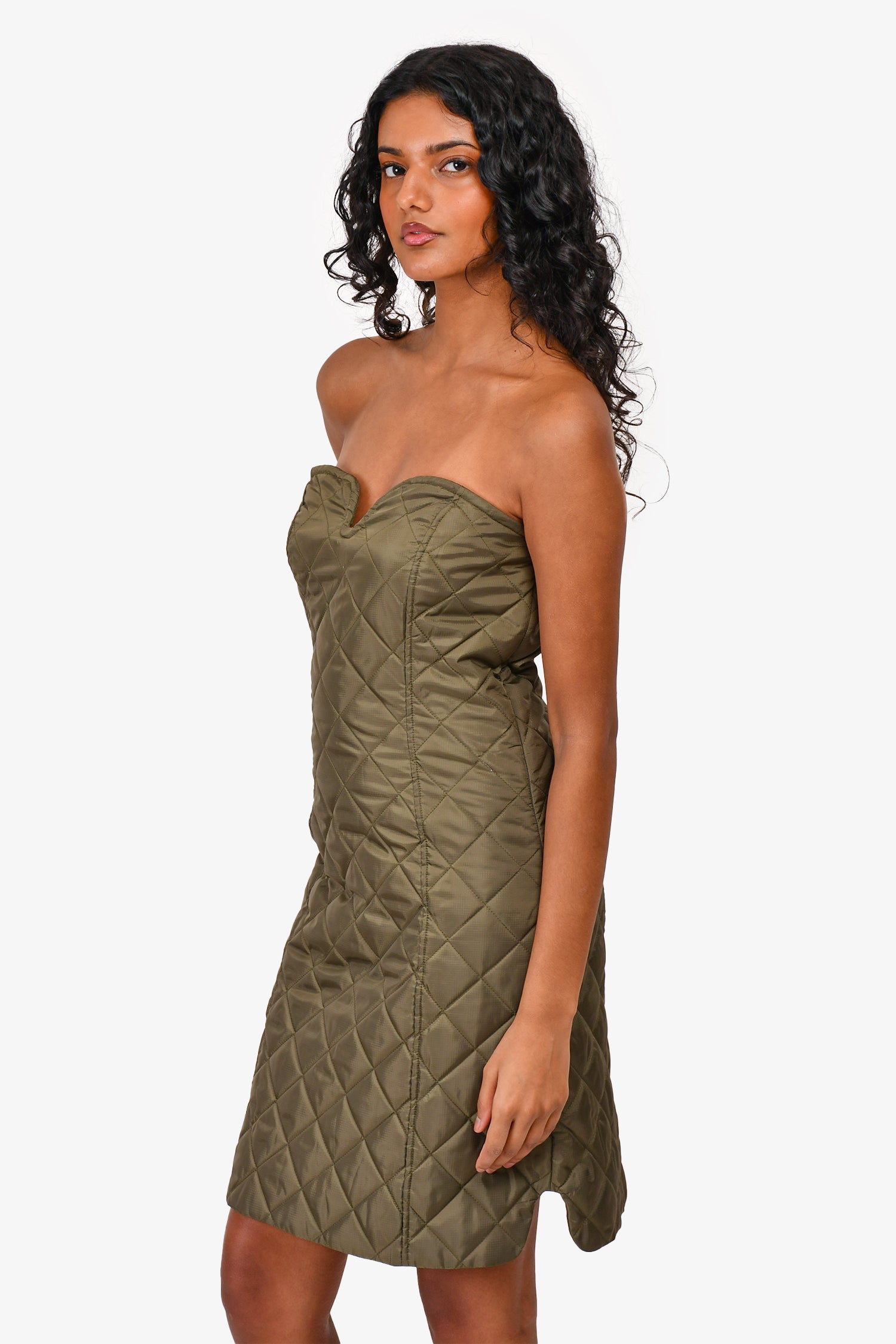 Ganni Green Quilted Nylon Sleeveless Mini Dress Size 38