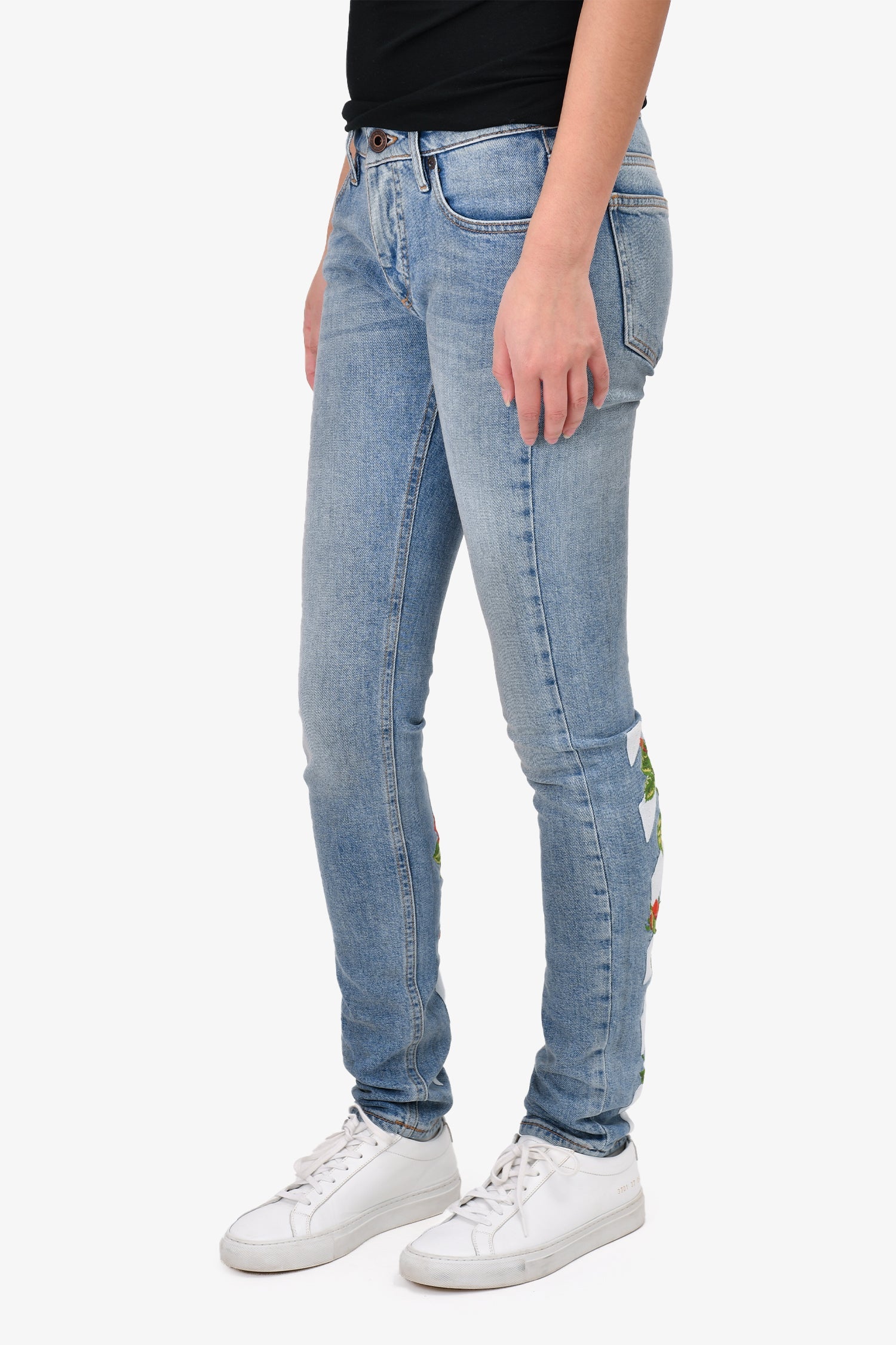 Off-White by Virgil Abloh Blue Denim Rose Embroidered Slim Leg Jeans Size 25