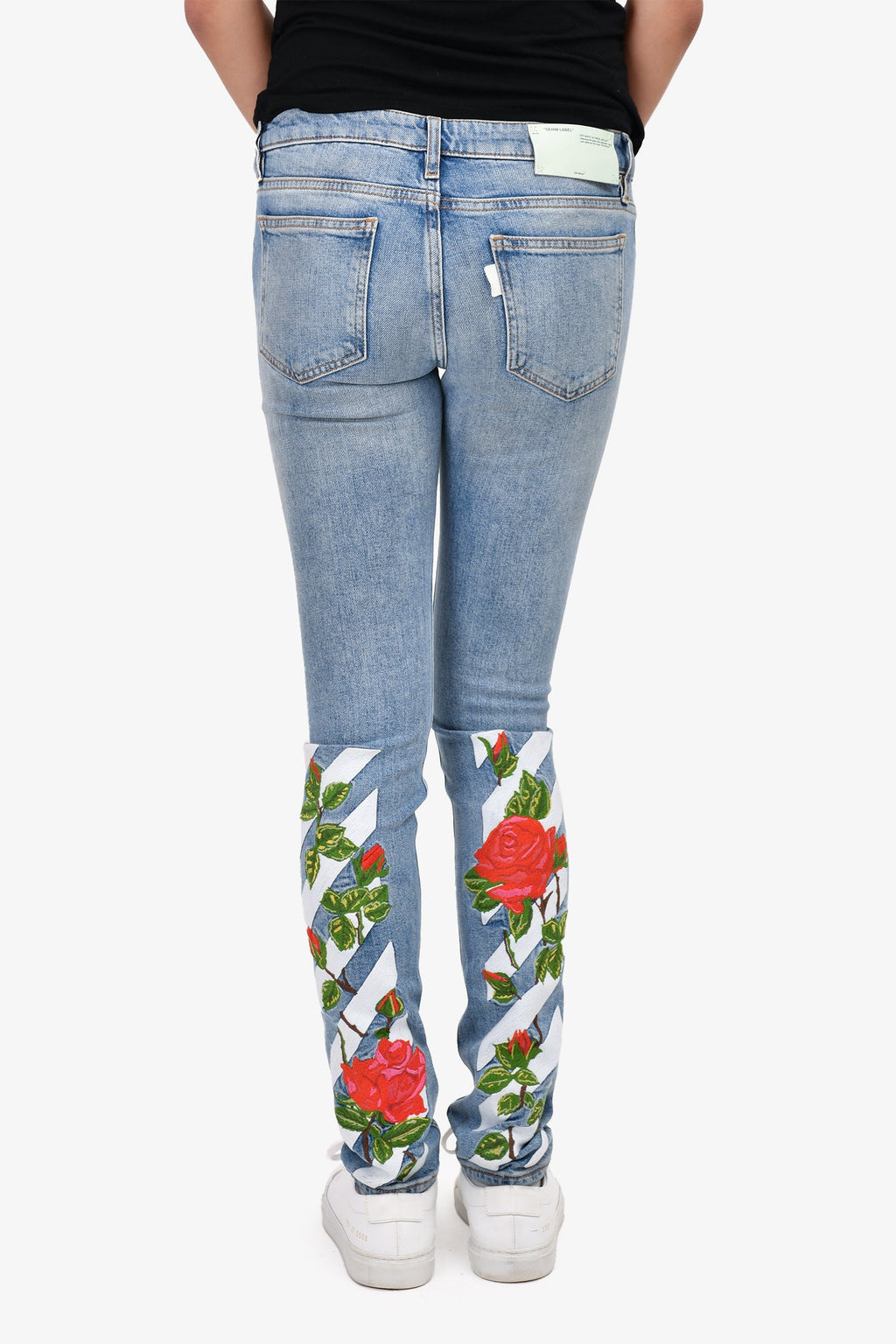 Off-White by Virgil Abloh Blue Denim Rose Embroidered Slim Leg Jeans Size 25
