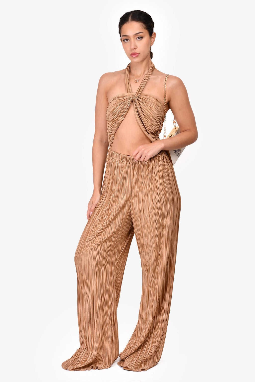 LPA Beige Pleated Halter Jumpsuit Size M