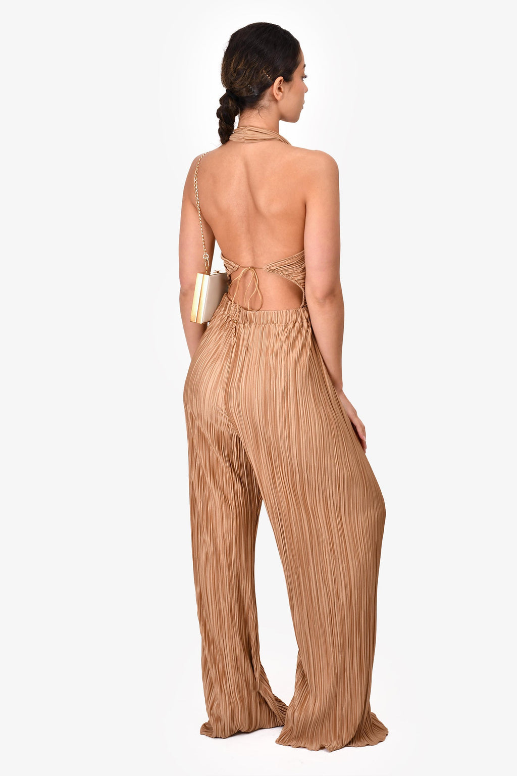 LPA Beige Pleated Halter Jumpsuit Size M
