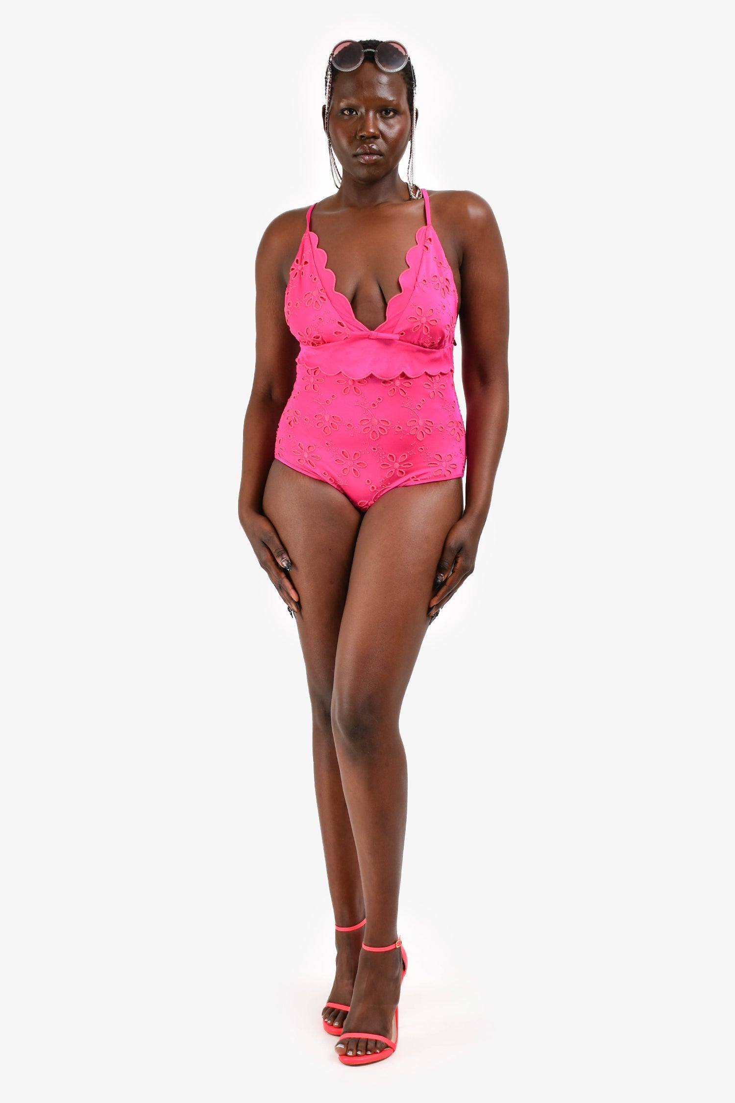 Giambattista Valli Pink Flower Eyelet Lace  One Piece Swimsuit Size 46