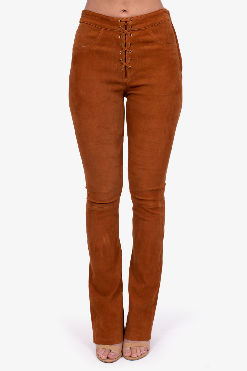 Frame Cognac Lamb Suede Lace-Up Flare Pants Size 25