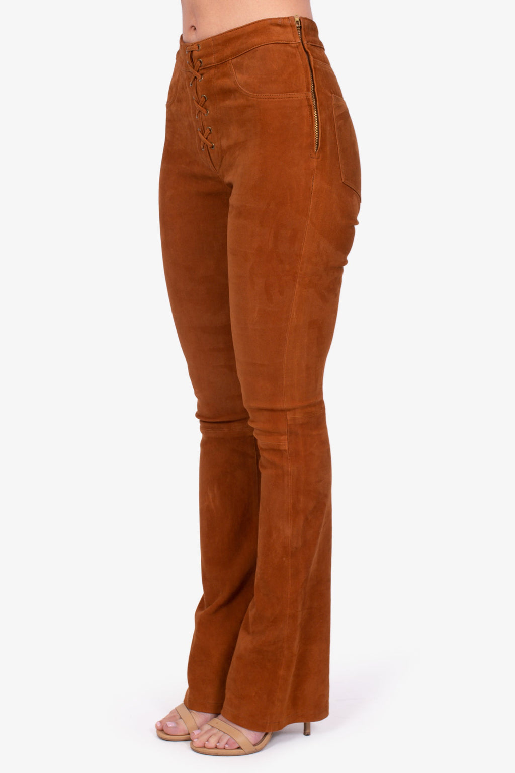 Frame Cognac Lamb Suede Lace-Up Flare Pants Size 25