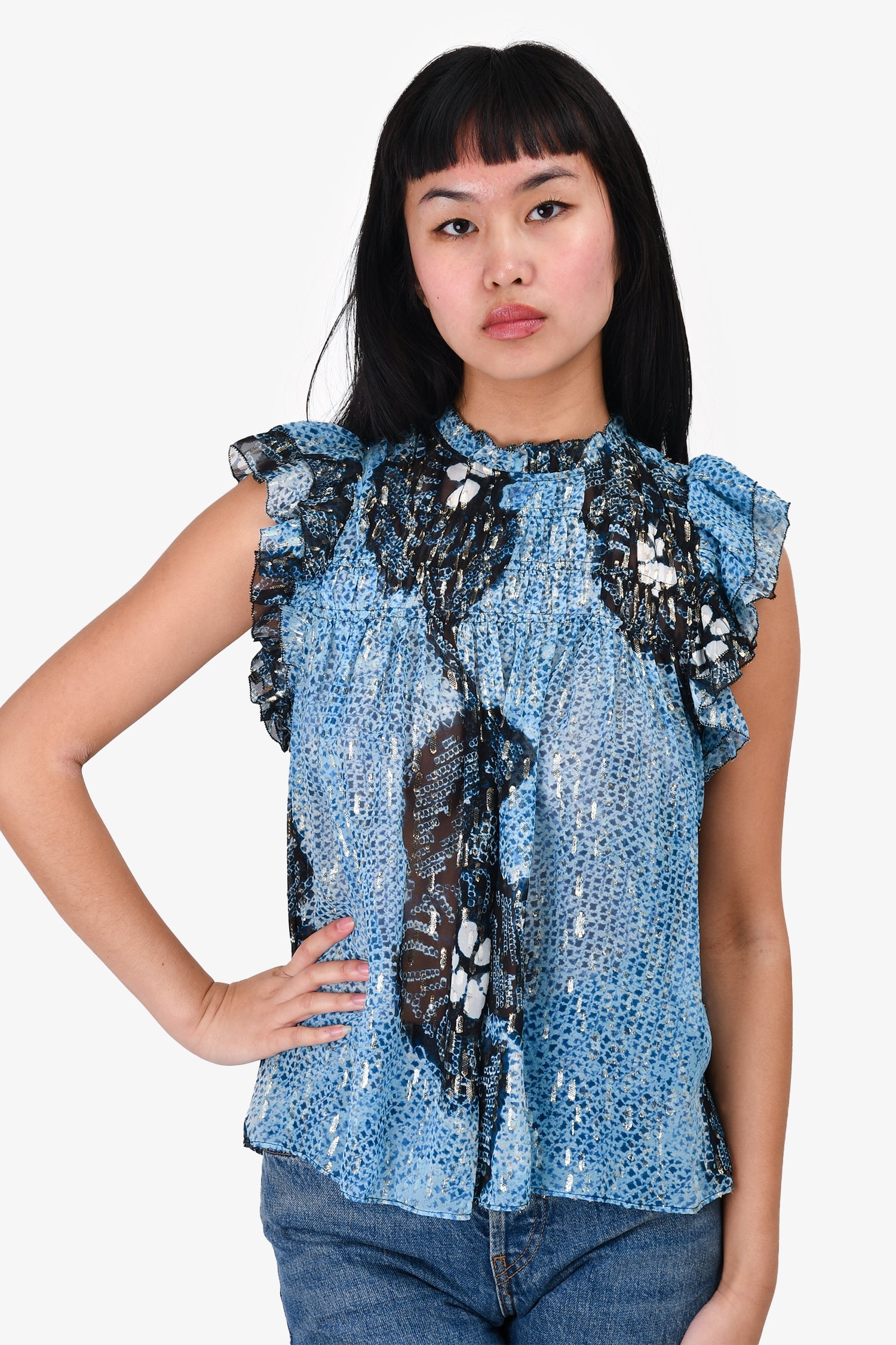 Ulla Johnson Blue/Metallic Silk Sheer Sleeveless Top Size 2
