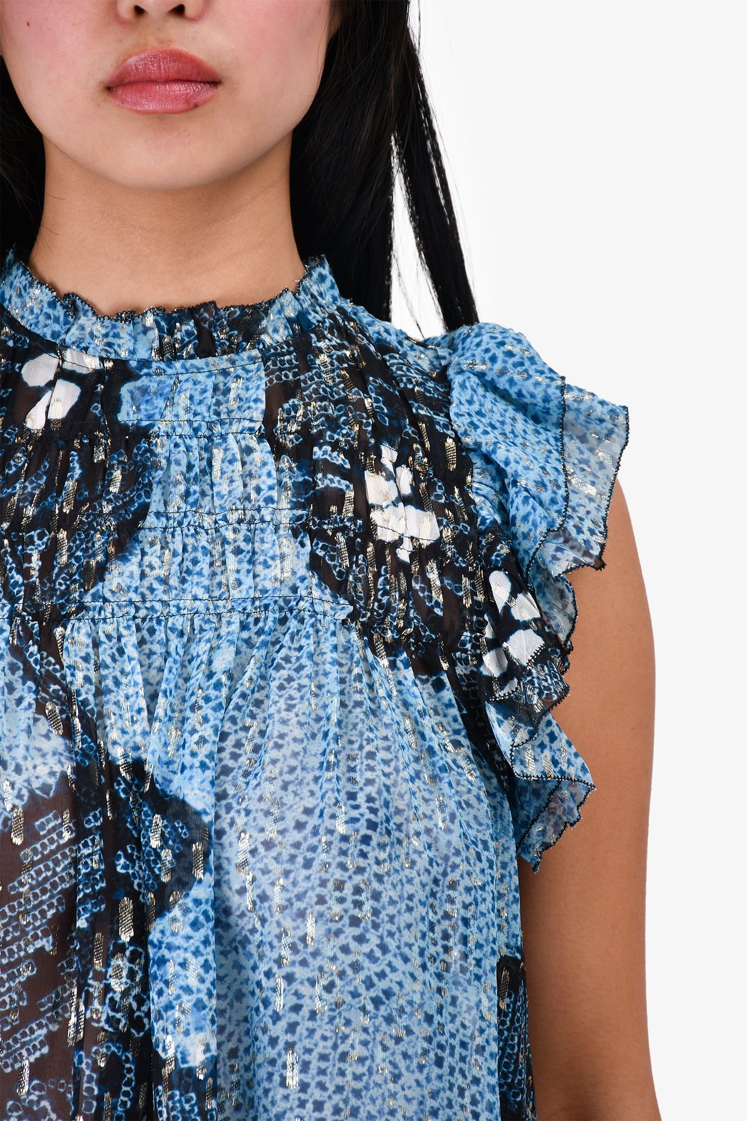 Ulla Johnson Blue/Metallic Silk Sheer Sleeveless Top Size 2