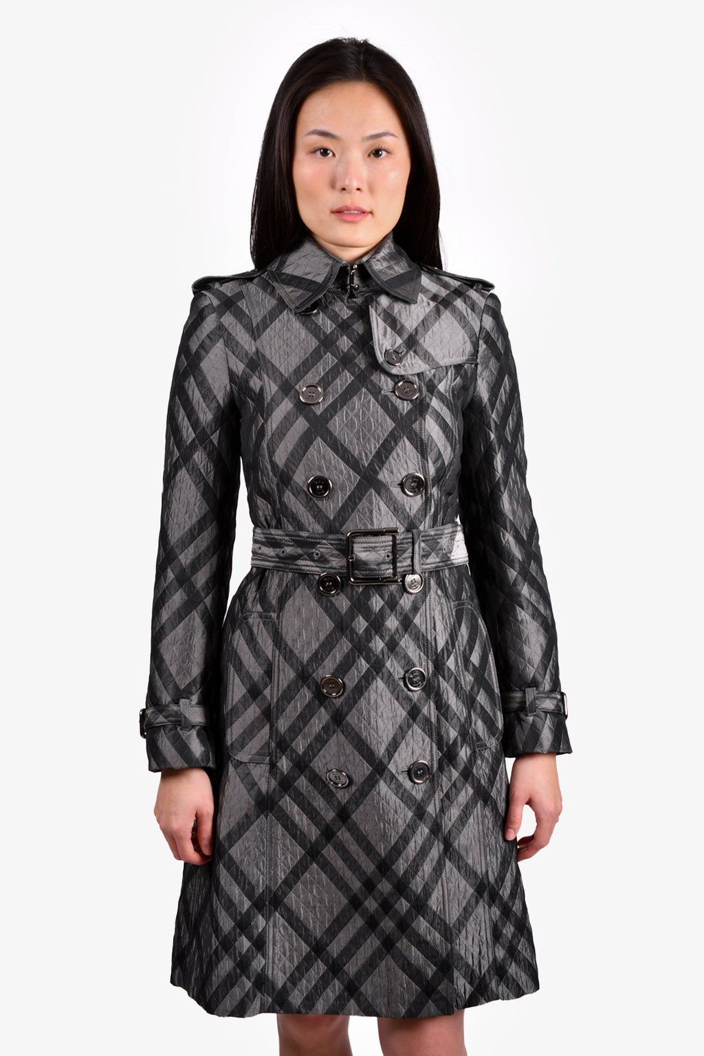Burberry Grey/Silver Quilted Tartan Belted Trench Coat Size 2 US