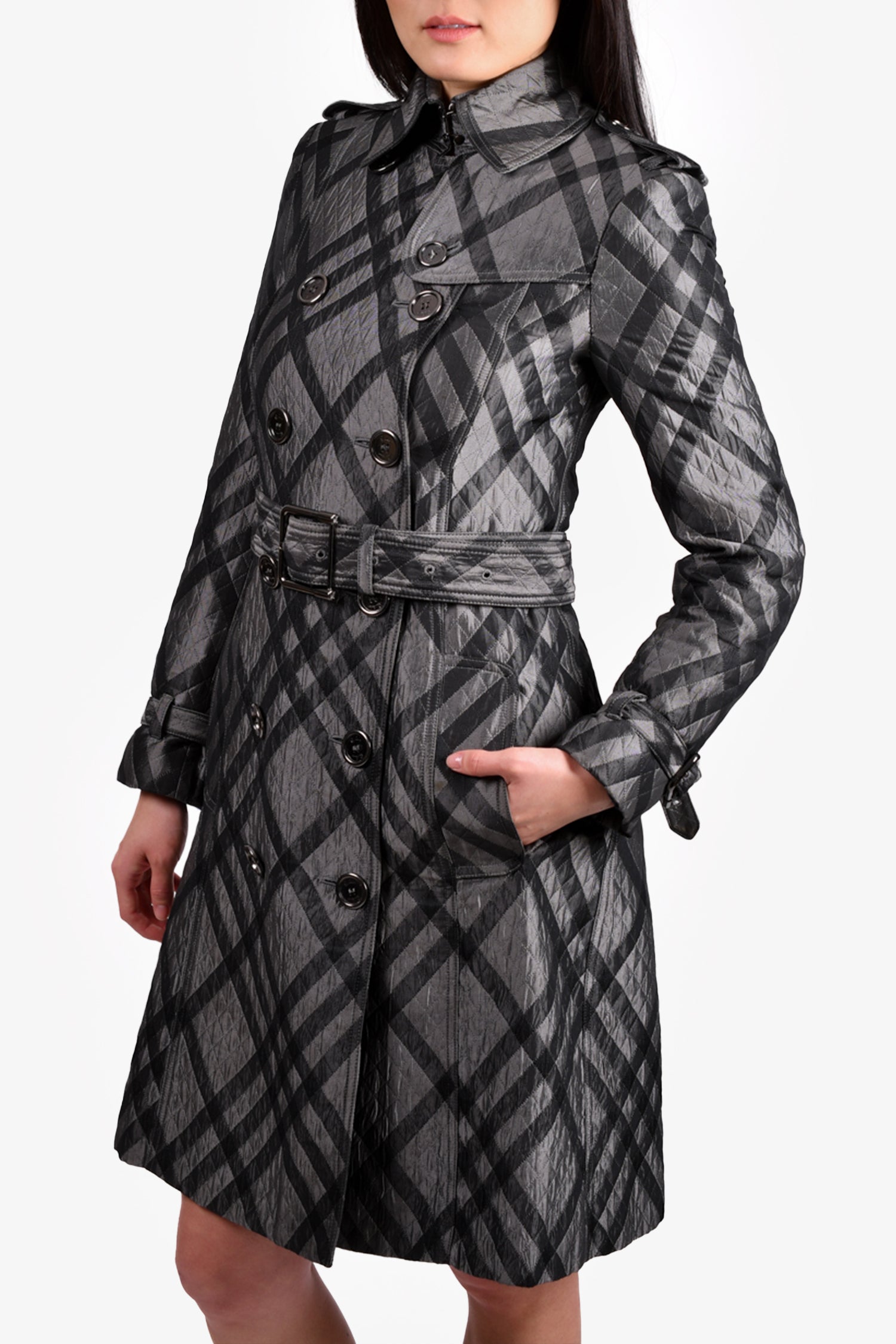 Burberry Grey/Silver Quilted Tartan Belted Trench Coat Size 2 US