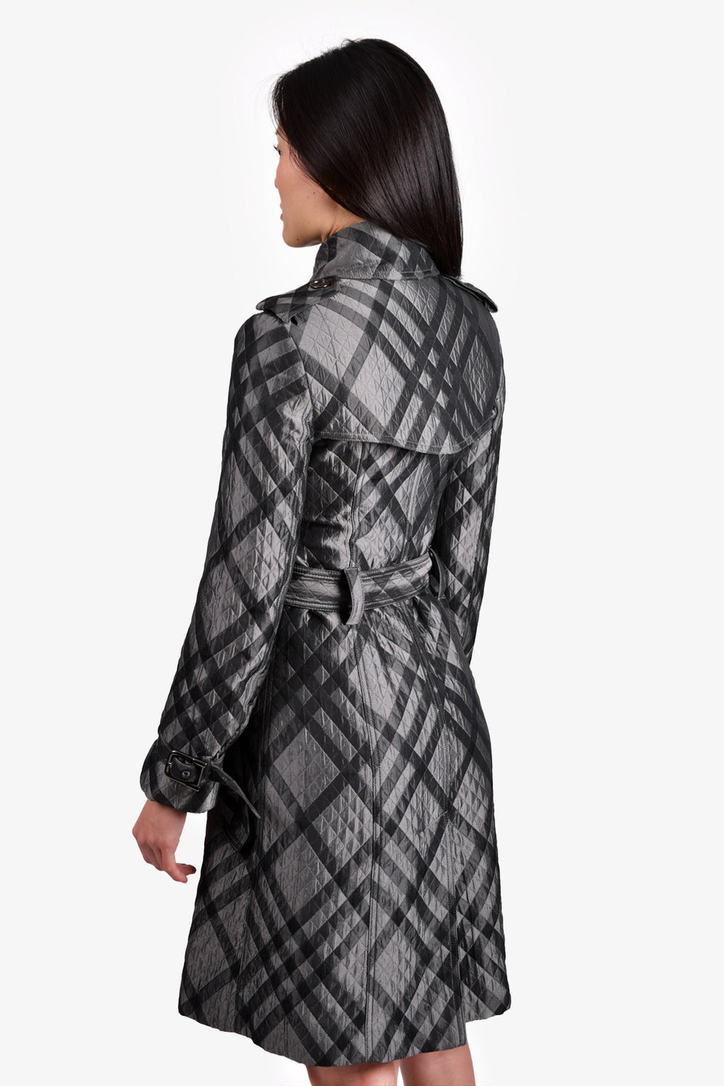 Burberry Grey/Silver Quilted Tartan Belted Trench Coat Size 2 US