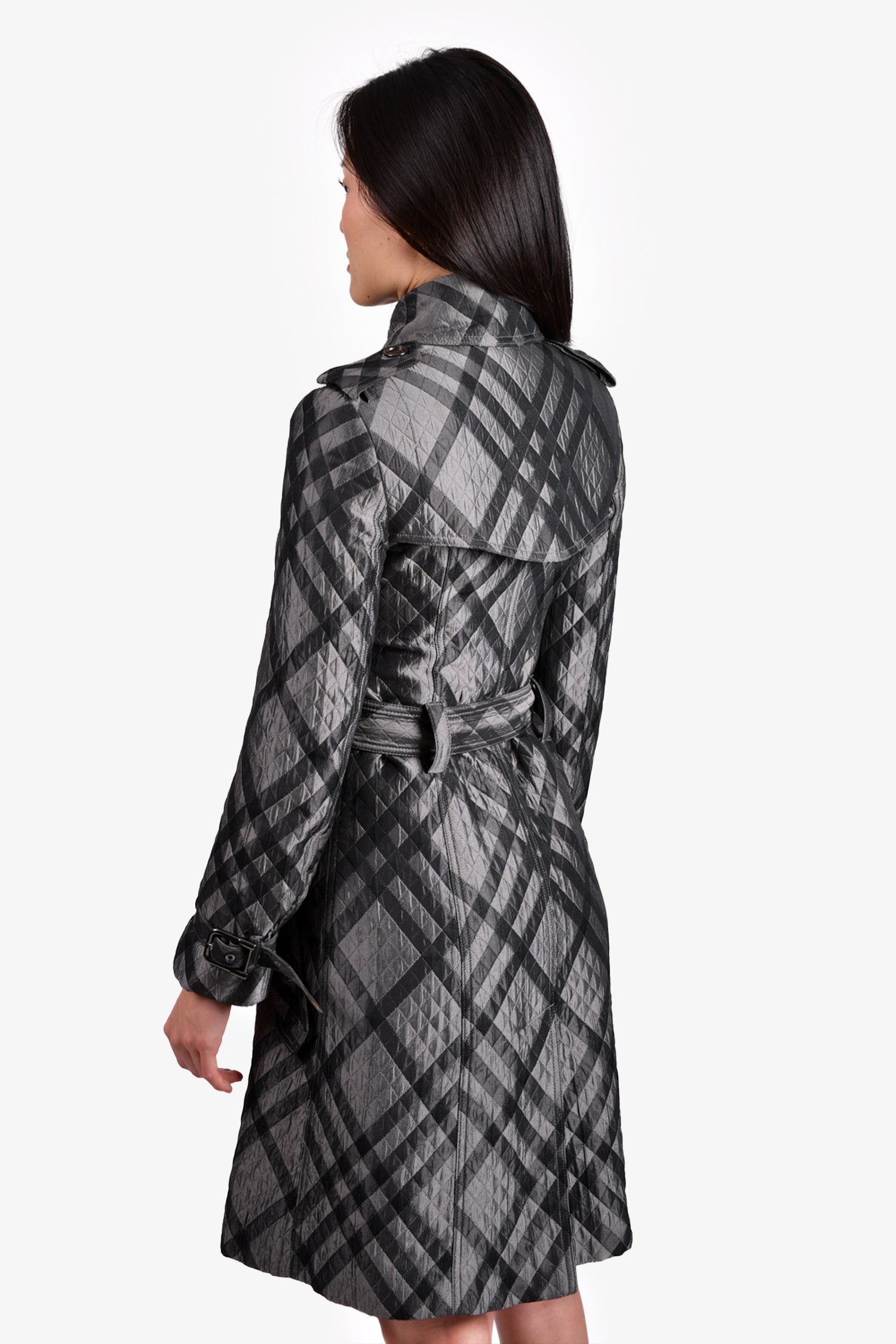 Burberry Grey/Silver Quilted Tartan Belted Trench Coat Size 2 US