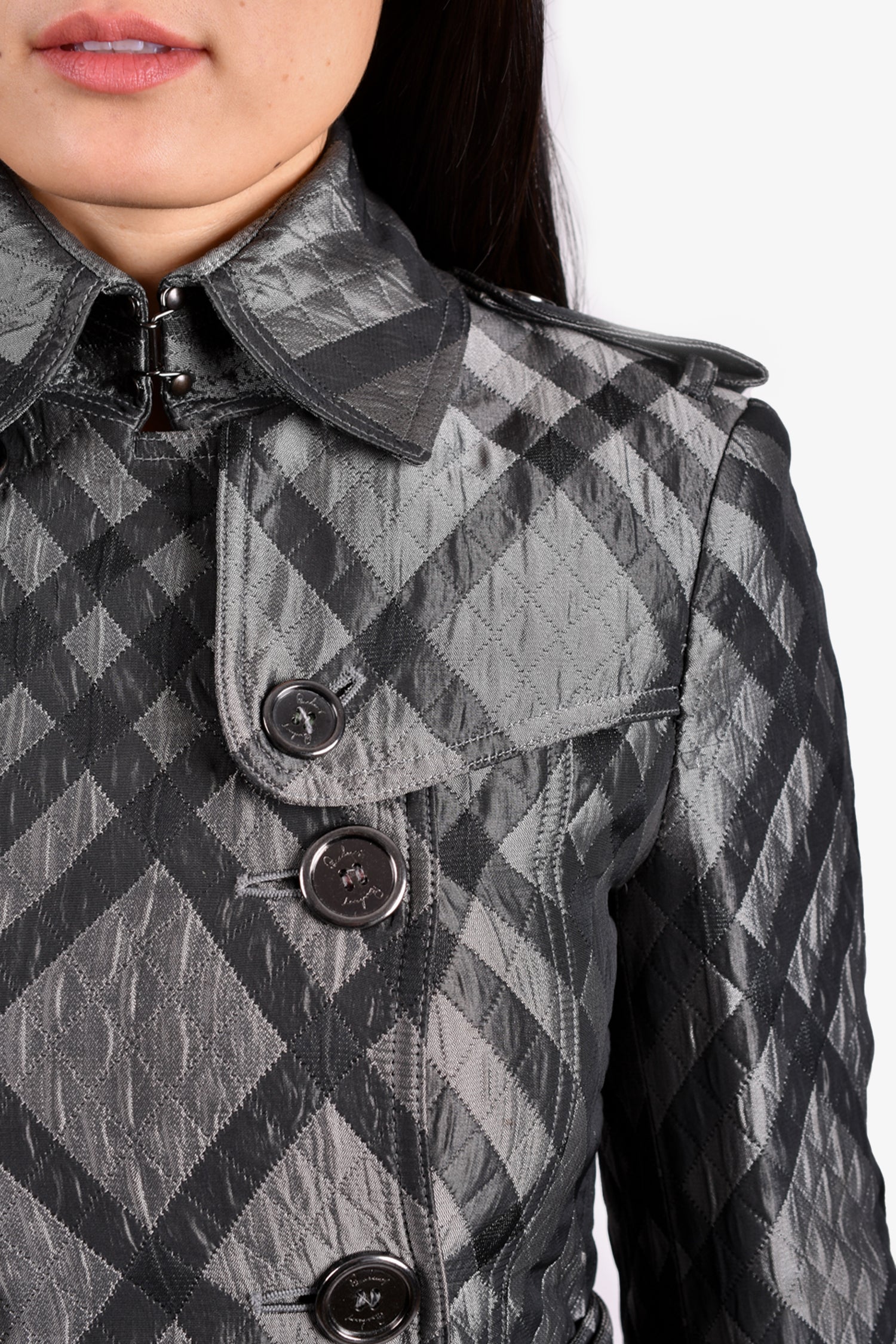 Burberry Grey/Silver Quilted Tartan Belted Trench Coat Size 2 US