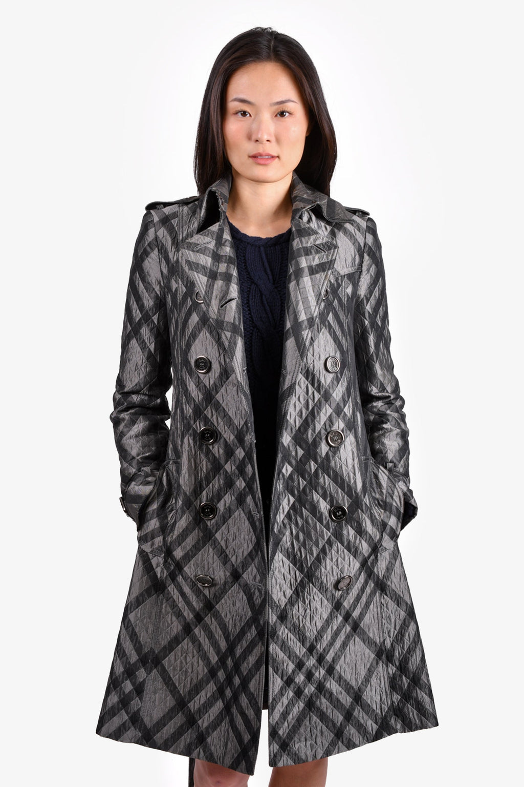 Burberry Grey/Silver Quilted Tartan Belted Trench Coat Size 2 US