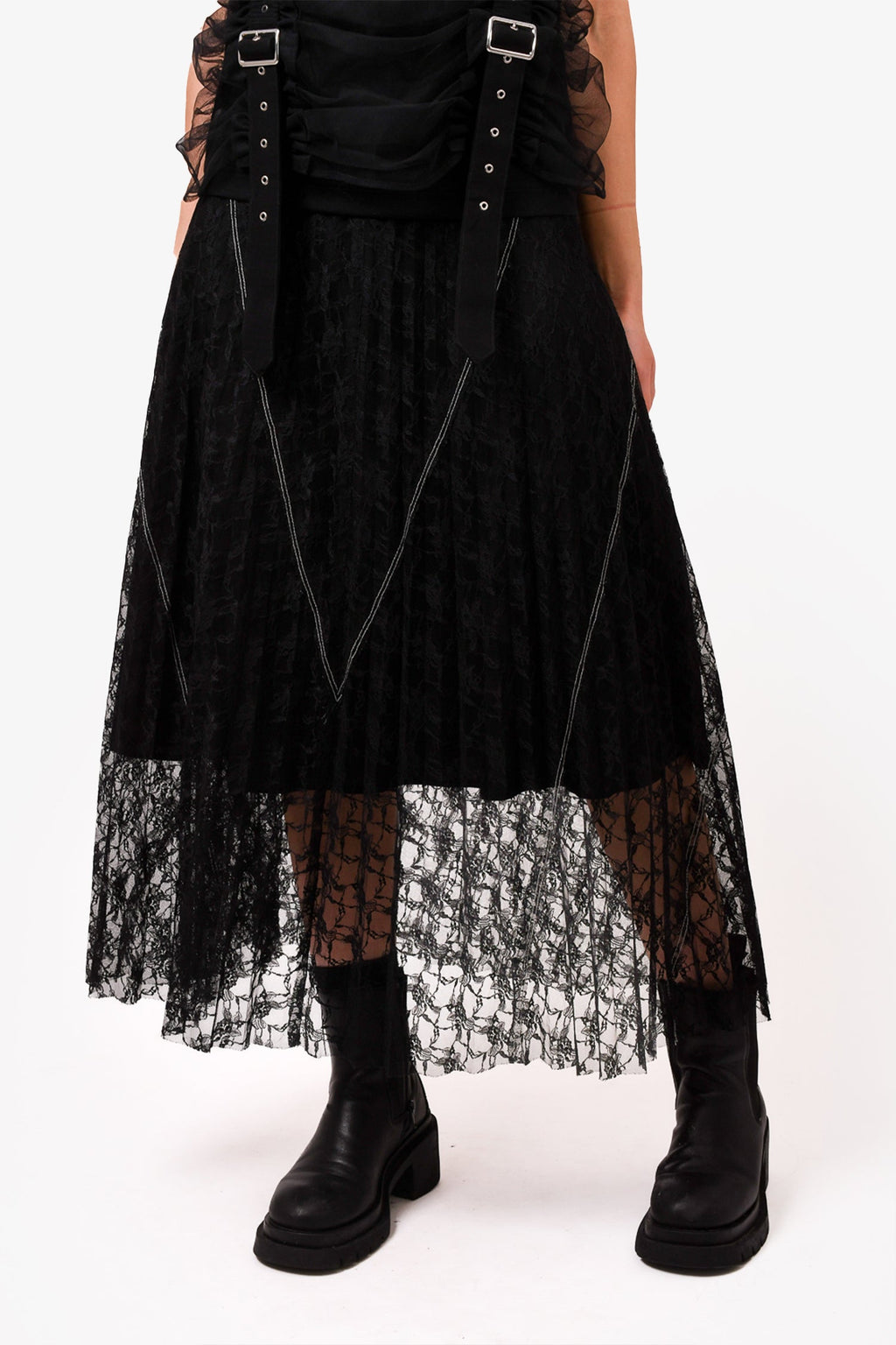 Sandro Black Midi Pleated Skirt with Black Lace Overlay Size 2