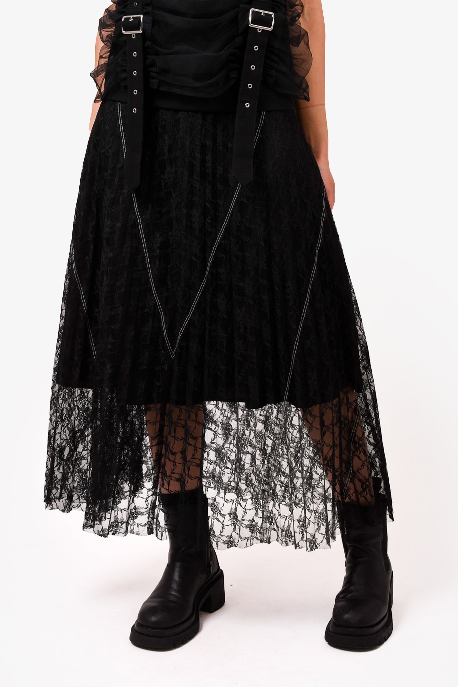 Sandro Black Midi Pleated Skirt with Black Lace Overlay Size 2