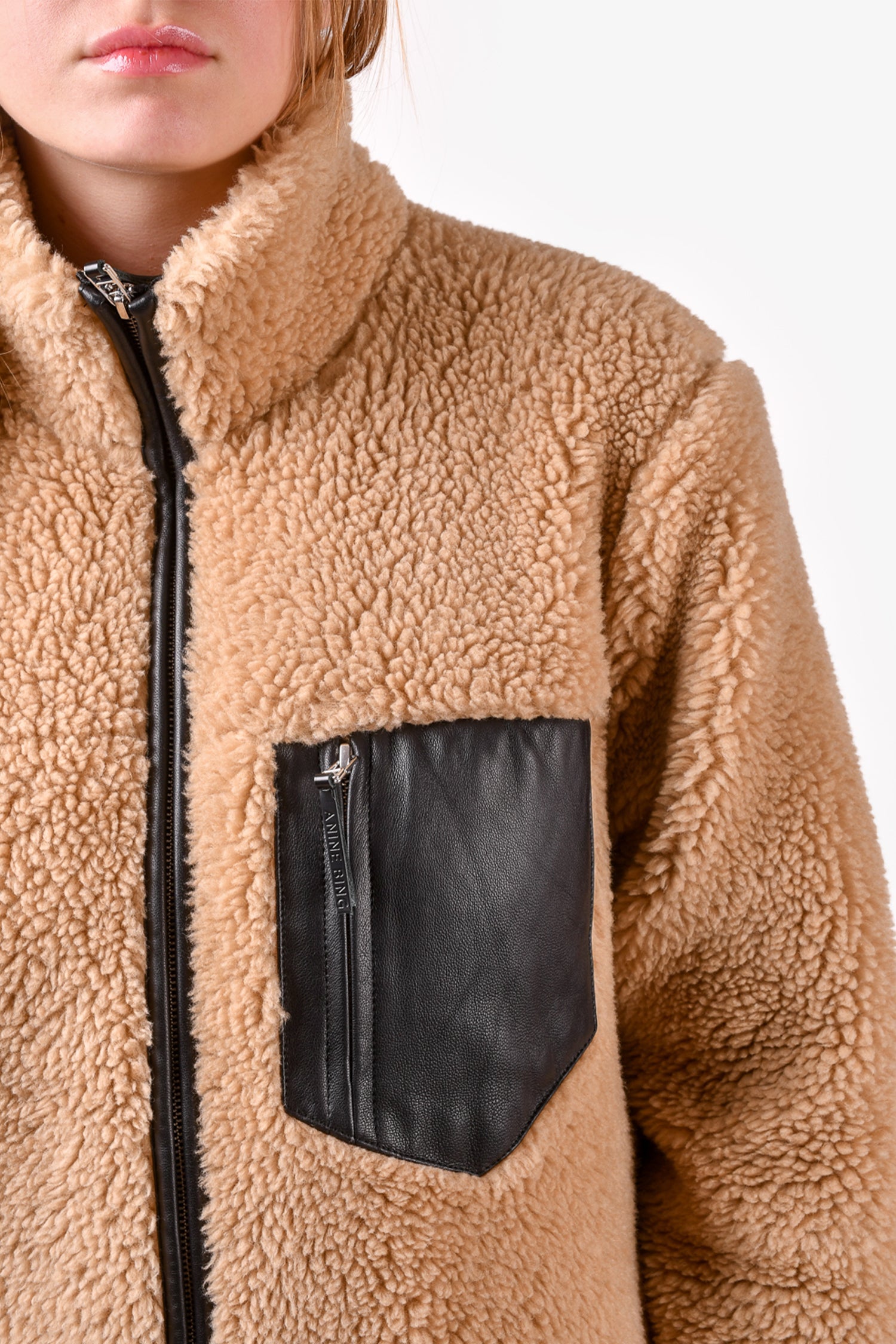 Anine Bing Brown Sherpa Zip-Up 'Ryder' Jacket with Faux Leather Size S