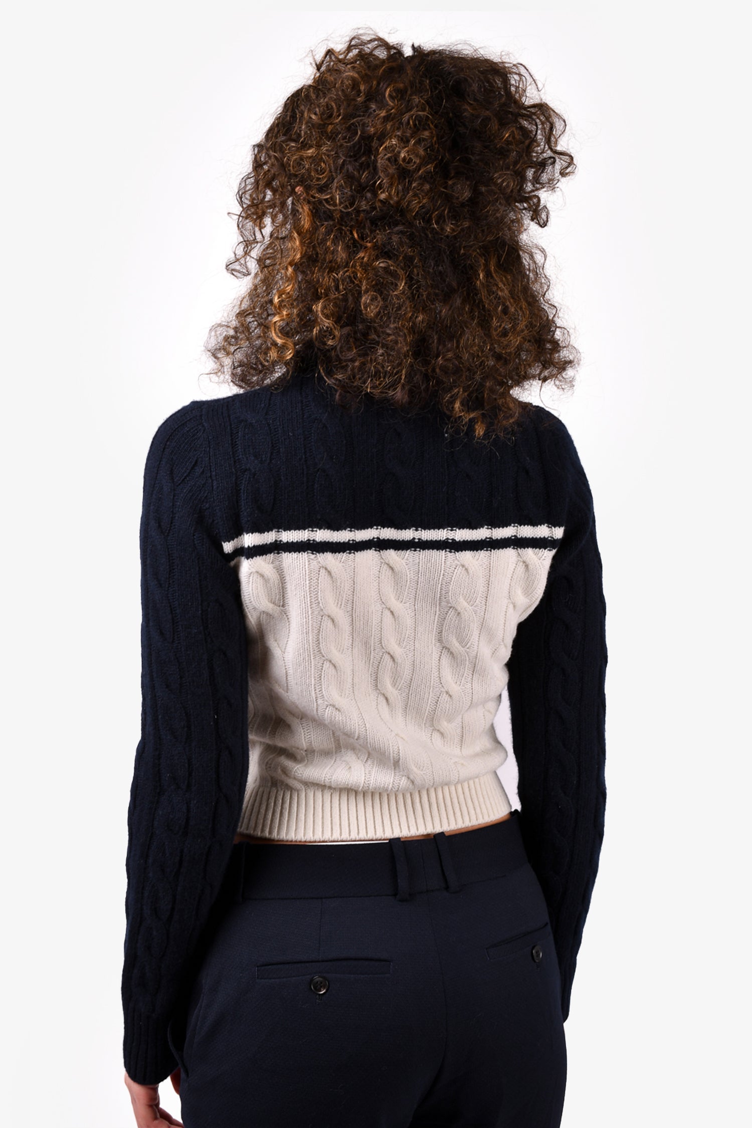 Miu Miu 2022 Navy/White Wool/Cashmere Cable Knit Zip Sweater Size 40