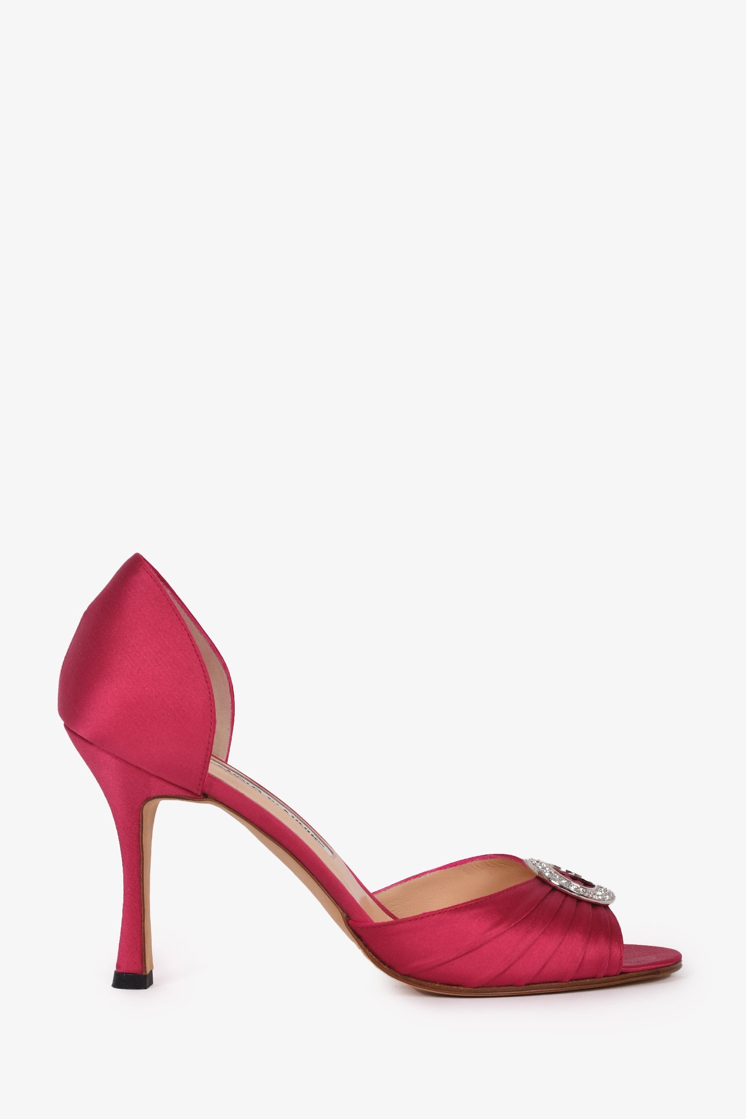 Manolo Blahnik Dark Pink Satin Leather Crystal Buckle Heels Size 38
