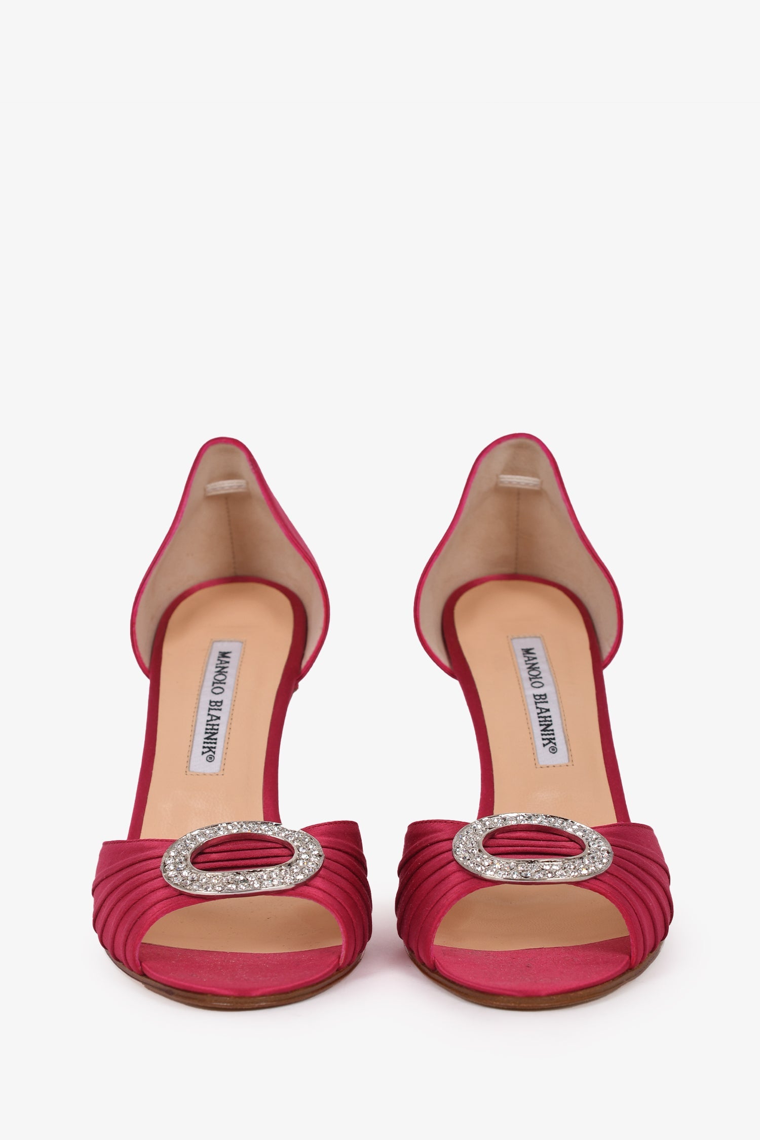 Manolo Blahnik Dark Pink Satin Leather Crystal Buckle Heels Size 38