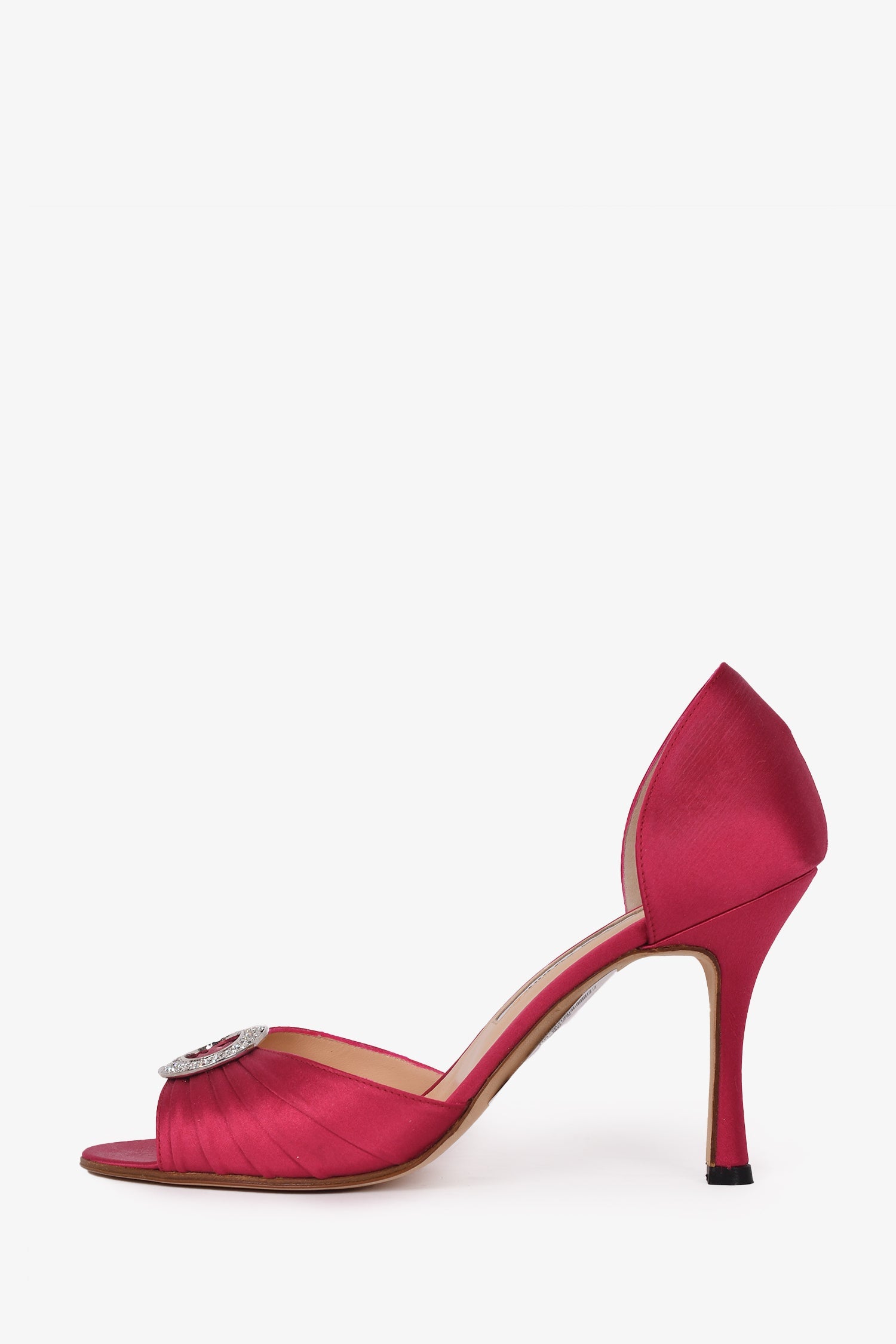 Manolo Blahnik Dark Pink Satin Leather Crystal Buckle Heels Size 38