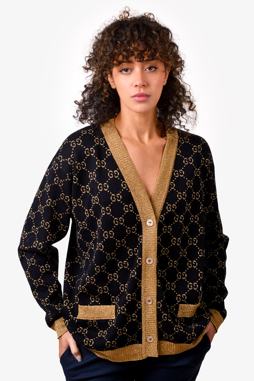 Gucci Black/Gold Metallic Cotton Knit GG Logo Button Down igan Size S